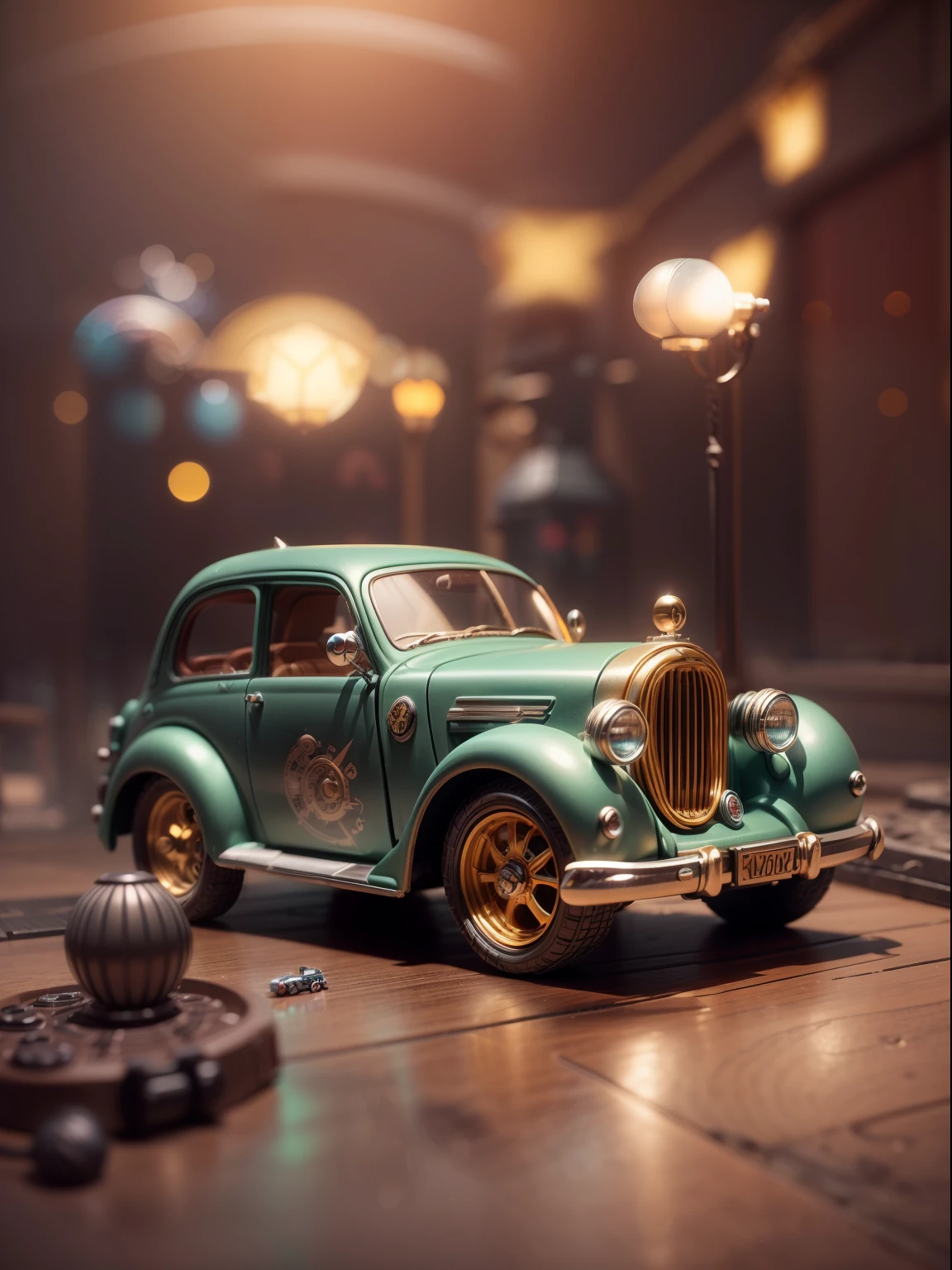 "(Blind box toy style:1.2),Metal toy classic car:1.2,steampunc,dreamy glow,Clean,background inside dark,Matte style,circular base,(Global illumination,Ray traching,hdr,unreal render,reasonable design,high detal,Masterpiece,Best quality,hyper HD,Cinematic lighting)"