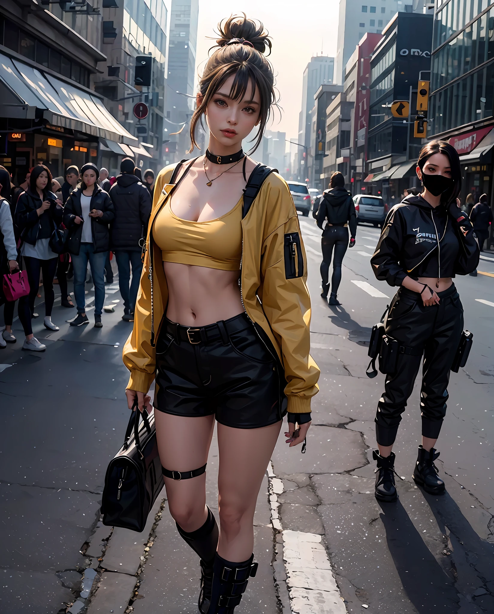 Full body, 1 girl, masterpiece, photo realistic, arafed beautyful lady in yellow jacket standing on street corner, pony tail, crop top, cleavage, high-waist mini shorts cargo, cameltoe, cyberpunk city, standing tall, busty, in a city street, Shifted Bangs Japanese Haircut, wearing urban techwear, realistic depiction, standing in a city center, an ultra realistic, promo image, techwear look and clothes, in city street, hyper-realistic, hyper - realistic, wojtek fus, hyper realistic style, small waist