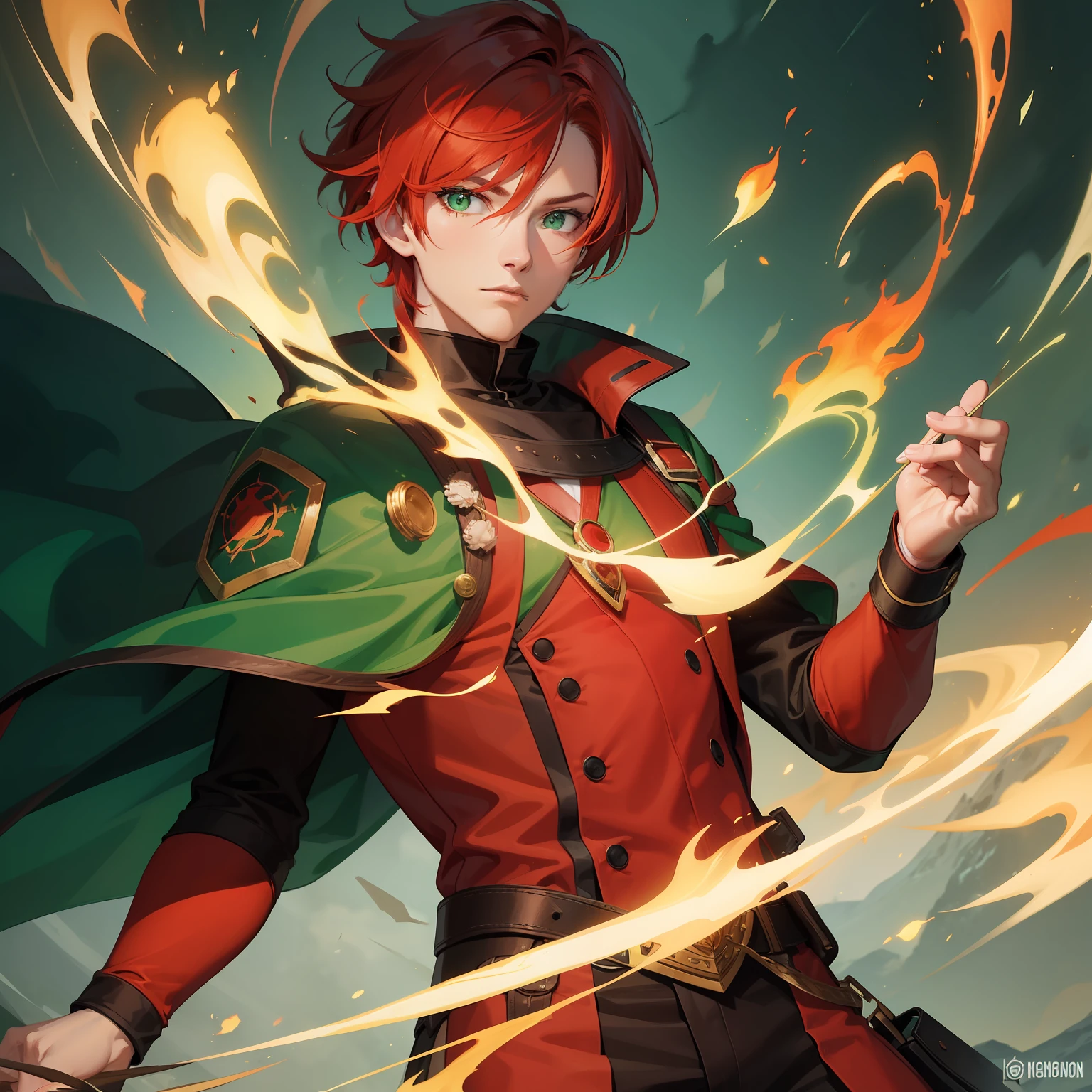 Man, red hair, Green eyes, Green clothes, ((Fire Magic)), night sky background