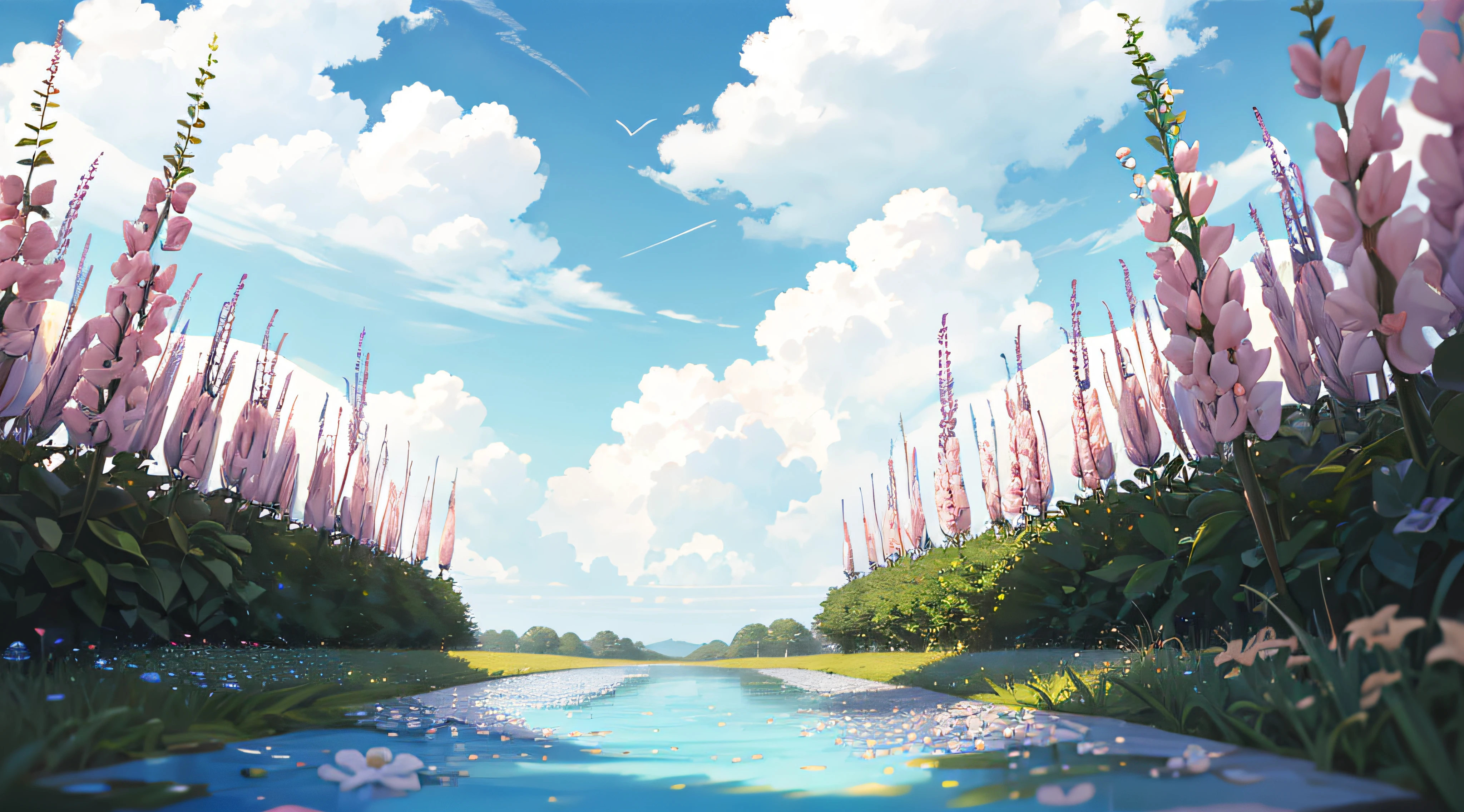 Summer, meadows, a few small flowers, clear lakes, heaven, large clouds, blue sky, hot weather, HD detail, hyper-detail, cinematic, soft light, deep field focus bokeh