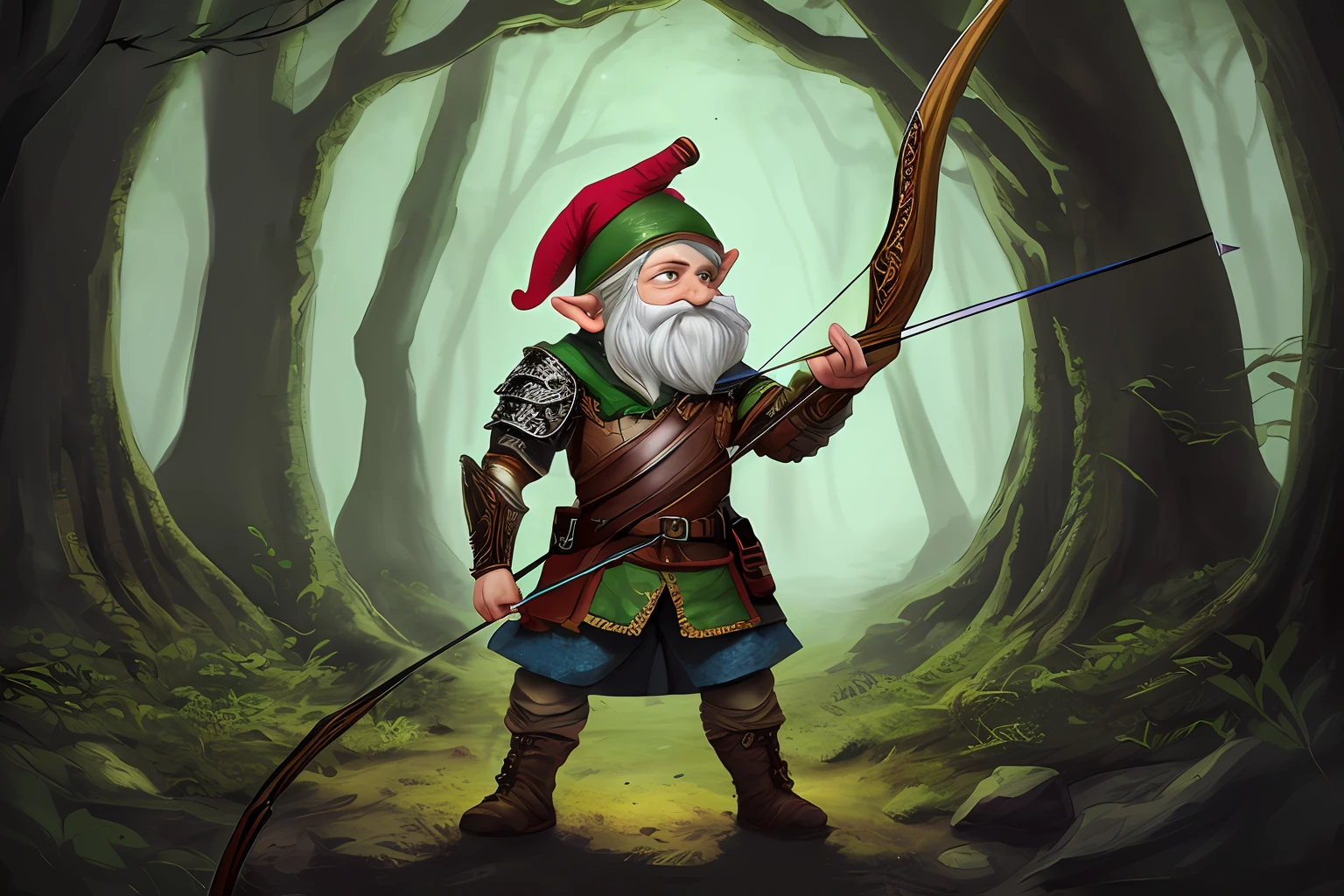 a gnome ranger from Dungeons and Dragons, standing in a dark forest, holding a bow and arrow, with vibrant and detailed armor, fantasy style, high resolution.