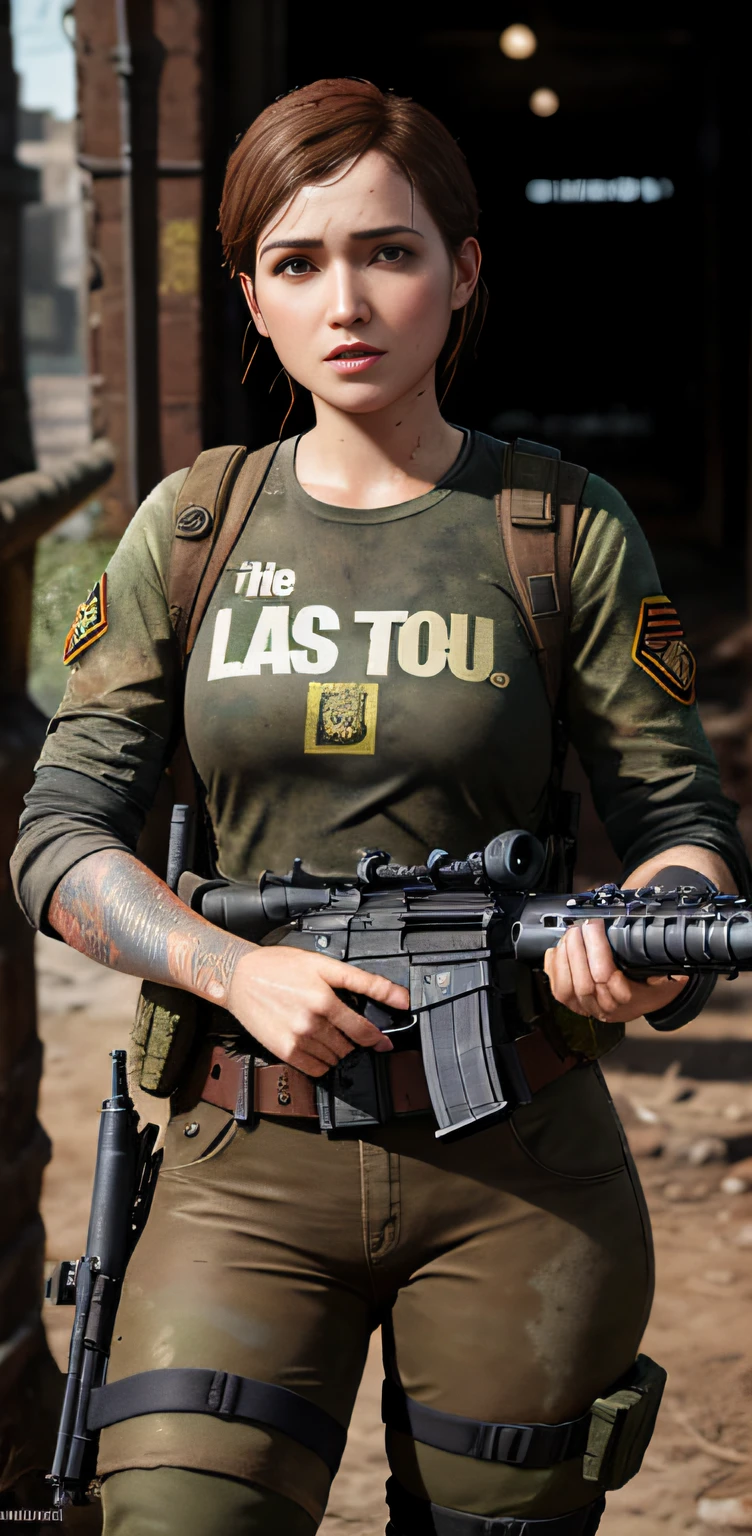 rosto da ellie com 19 anos, roupa militar, com armamento, corpo magro, quadril pequeno, bunda empinada, corpo inteiro, sorrindo, gray pantyhose, 4k, realista, the Last of Us, destroyed world, imagem de fundo numa sala de armas