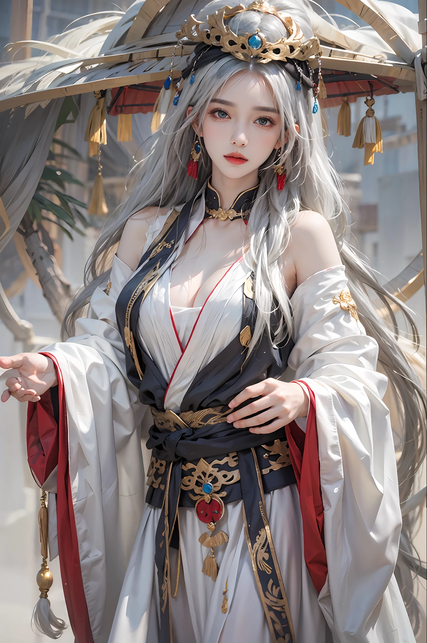 photorealistic, high resolution, 1women, solo, hips up, look at viewer, (detailed face), white hair, long hair, Taoist robe,oversized clothes, jewelry