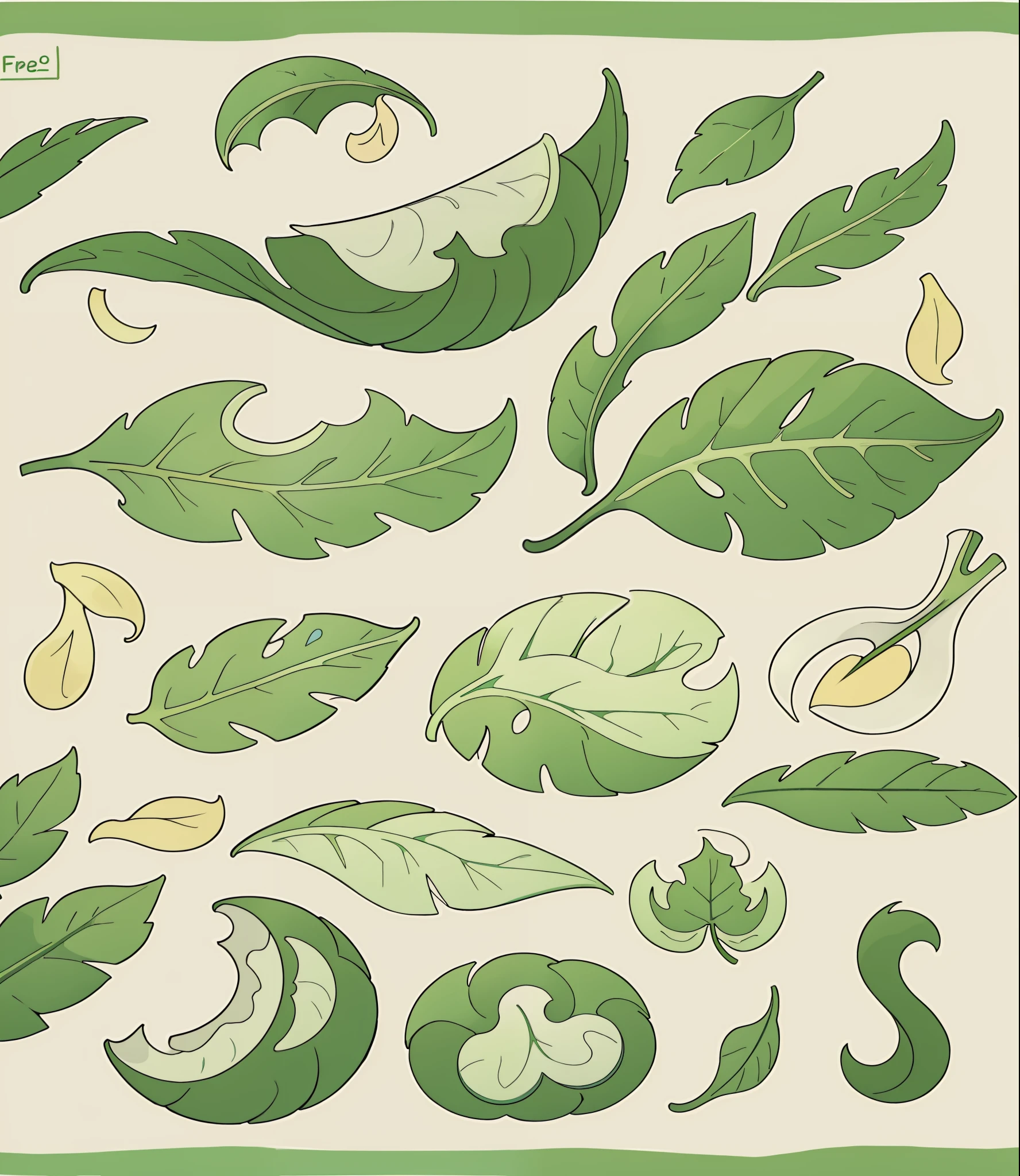 Sheet with rounded shape and leaf in various perspectives, frente, lateral, traseira.