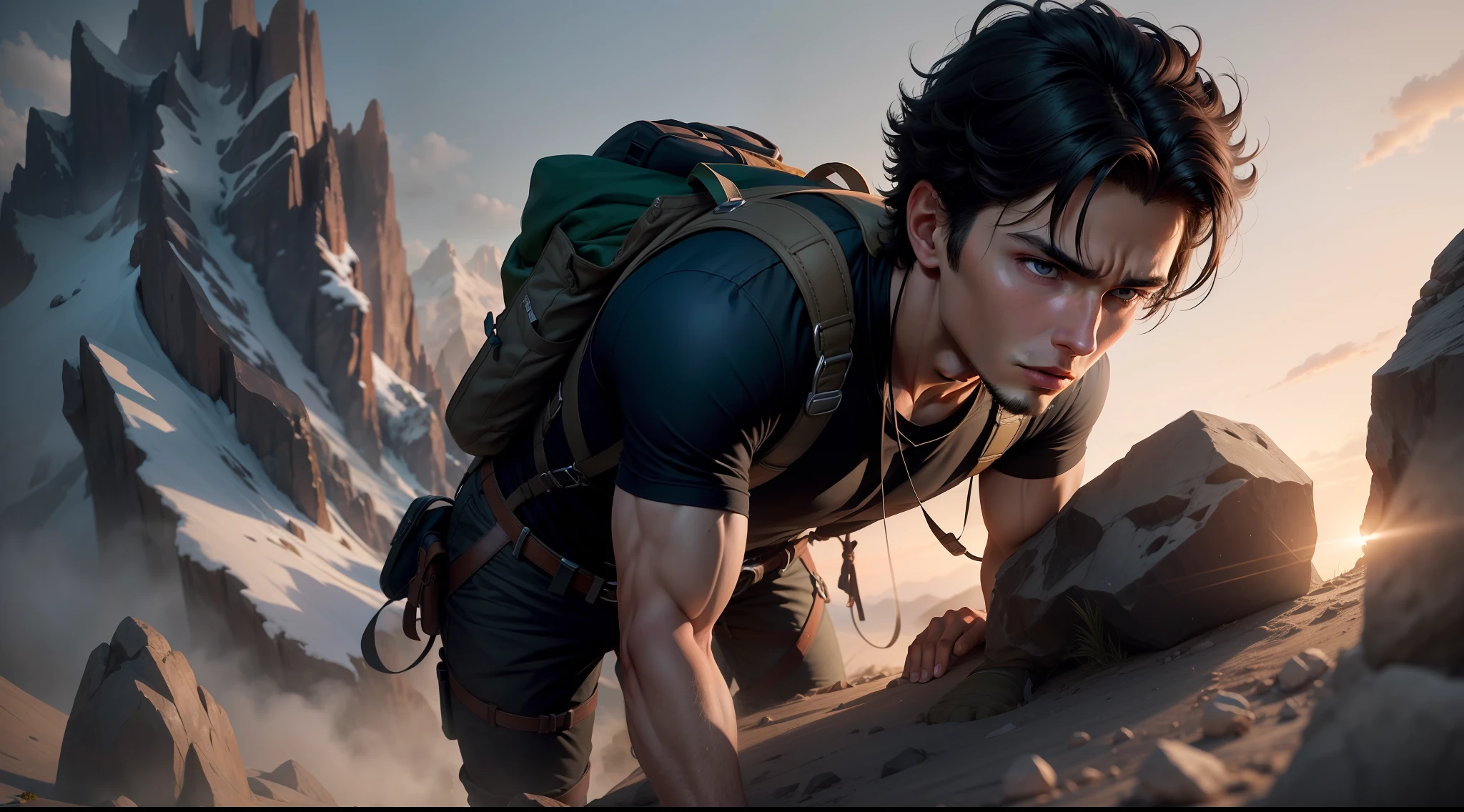 Image shows a young man climbing a mountain, with a tired expression, the image must be highly realistic and of cinematic quality, with attention to detail in the face and body of the young man, and in lighting, materials and composition.
