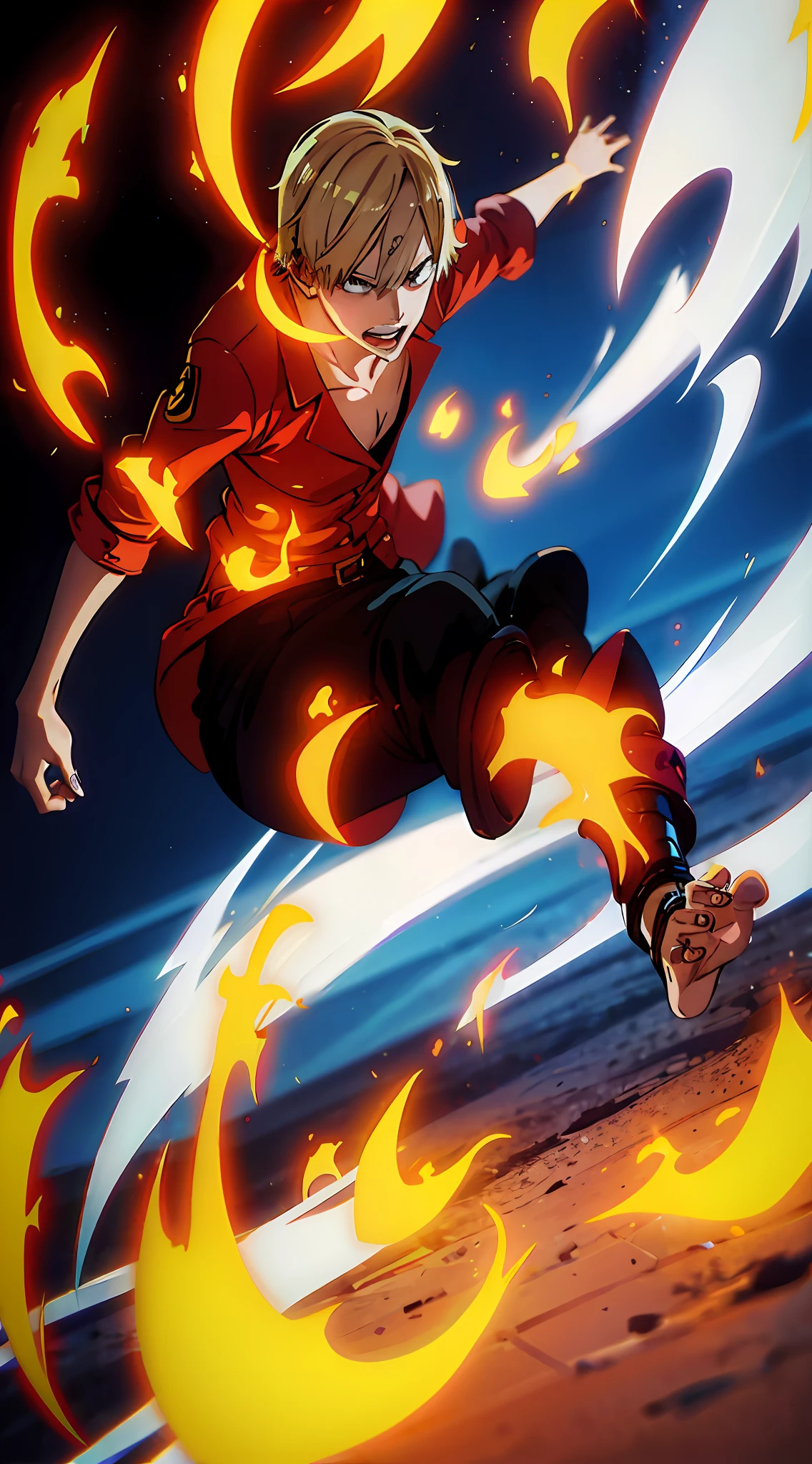 Sanji, em um movimento de batalha, with flames on his feet