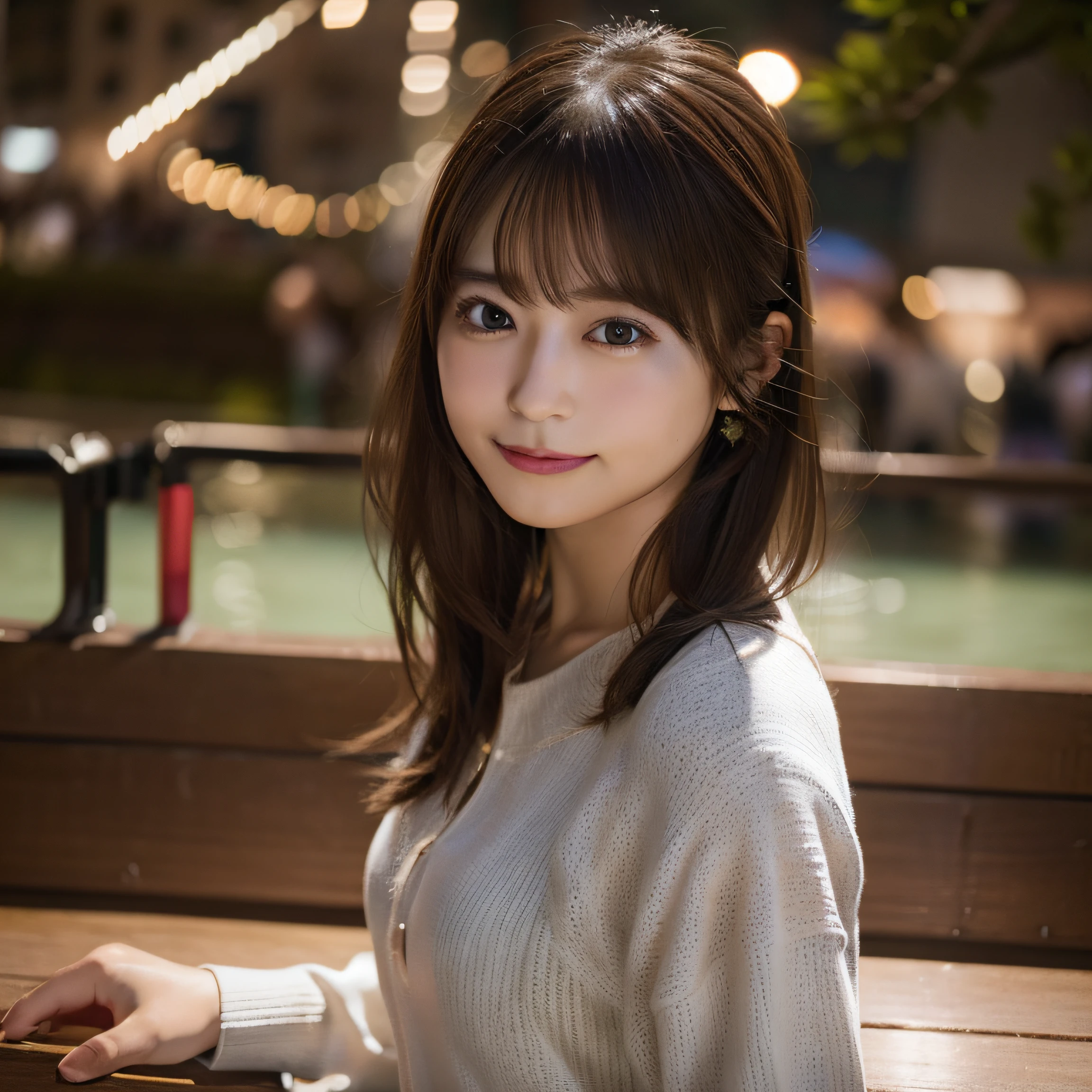8K,Best Quality, 超A high resolution, (Photorealistic:1.4), Raw photo, masterpiece,(upper thigh:1.5, From Side:1.1), (Bokeh:1.4), (in a suite),Waterside Cafe, 1日本人の女の子, Cute, (Solo:1.6), (Shy smile), (Black eyes:1.2), Smooth skin, (Brown medium hair,Bangs), (touch hair:1.4),nogizaka,a park,Fashionable clothes、full bodyesbian:1.3、Supple fingers