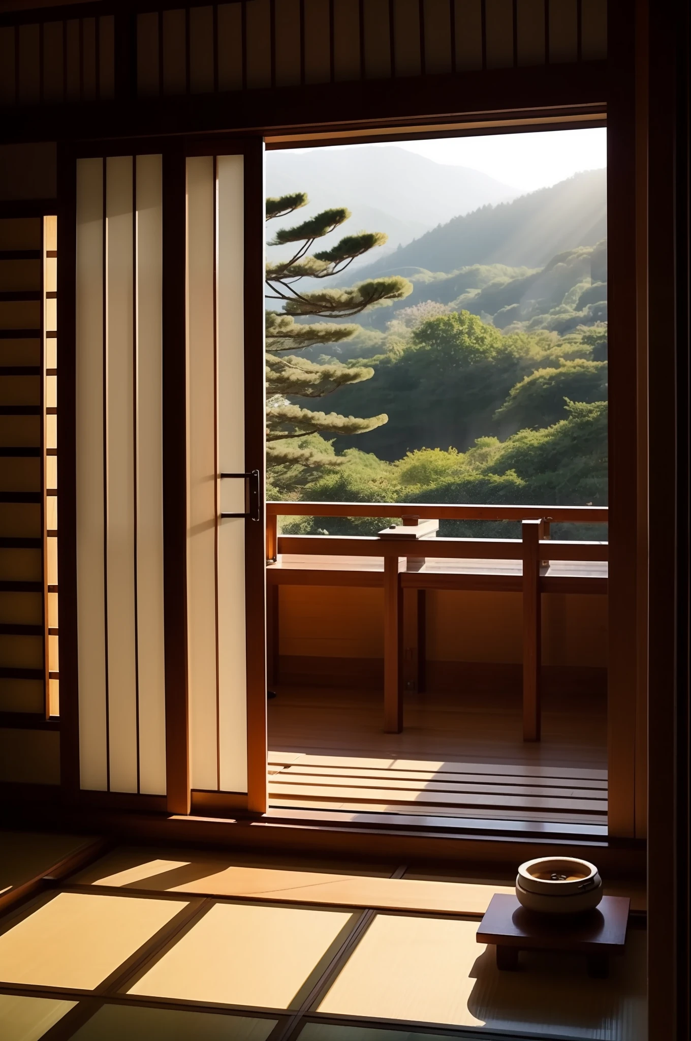 At the ryokan, Sunlight shining into the room, Outside the window, there is a beautiful view, A refreshing morning