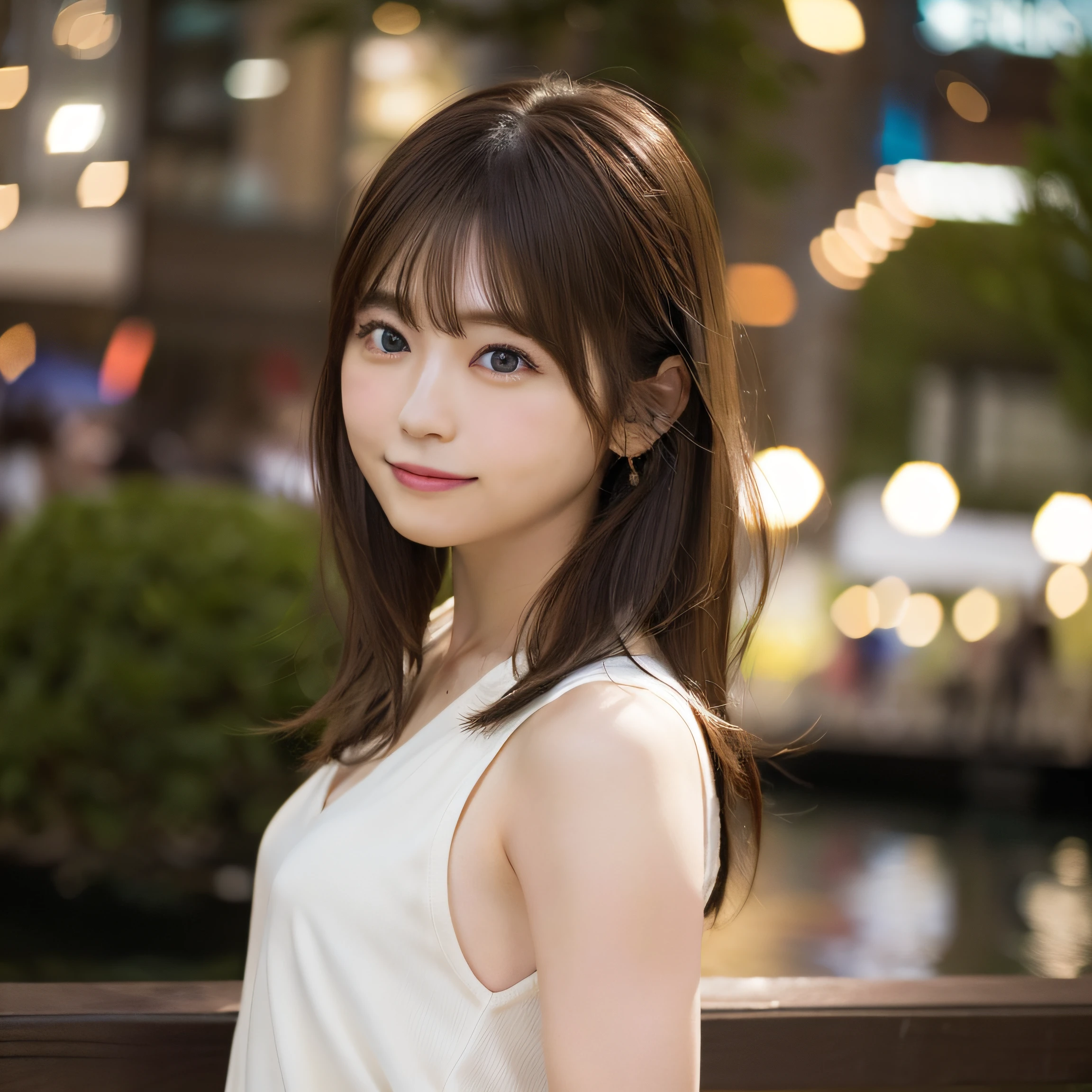 8K,Best Quality, 超A high resolution, (Photorealistic:1.4), Raw photo, masterpiece,(upper thigh:1.5, From Side:1.1), (Bokeh:1.4), (in a suite),Waterside Cafe, 1日本人の女の子, Cute, (Solo:1.6), (Shy smile), (Black eyes:1.2), Smooth skin, (Brown medium hair,Bangs), (touch hair:1.4),nogizaka,a park,Fashionable clothes、full bodyesbian:1.3、Supple fingers