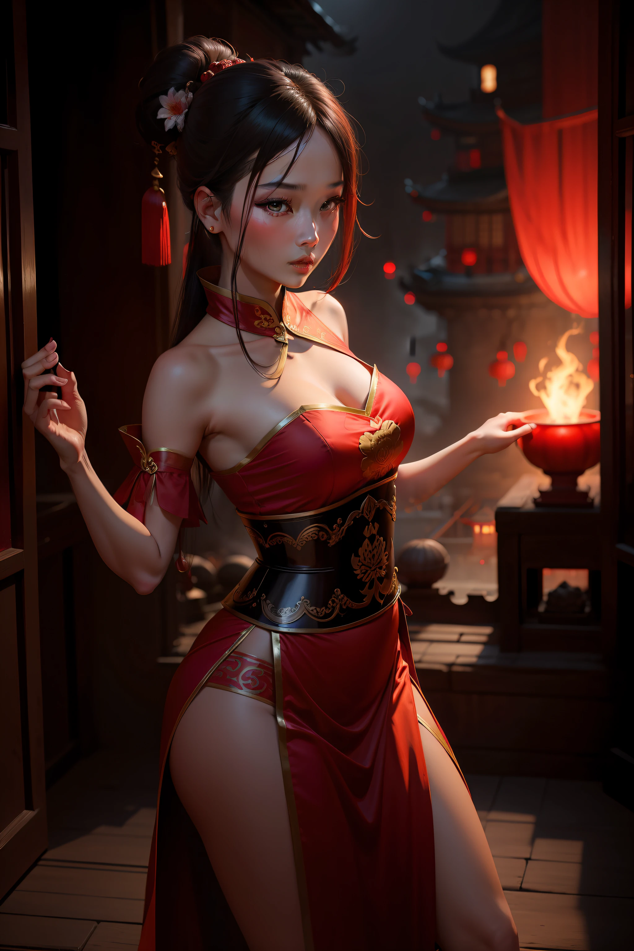 Ancient China in the middle of the night, Beautiful women in red Han costumes dance in front of the dilapidated Buddha statue，The picture is dark，There is thick fog and firelight，The picture is a bit of a wilt。