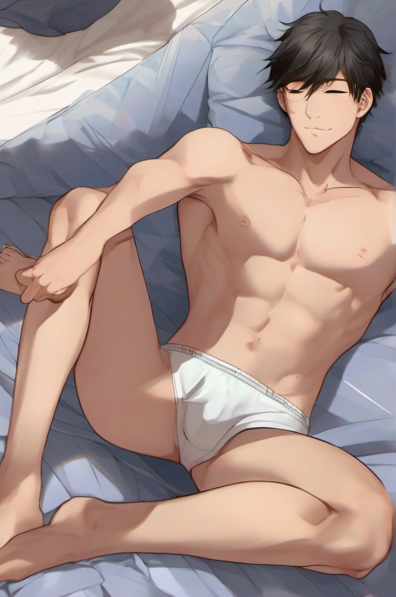 high-level image quality、hightquality、BL Anime、fine lines、Two men、Bedrooms。Young man sleeping only in underwear Boxer briefs only,slender、Sleepy face。30 years old man。nice body,navel,