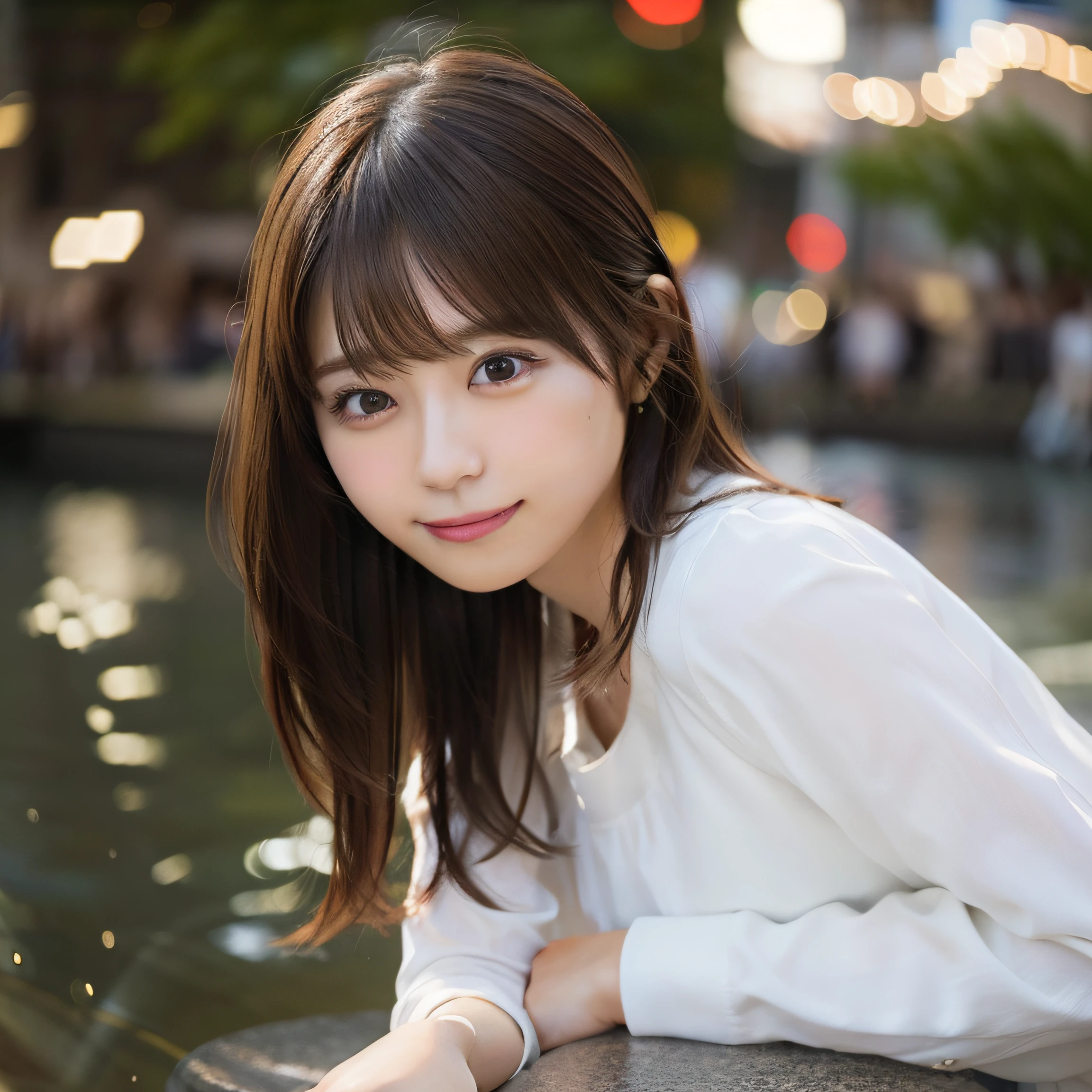 8K,Best Quality, 超A high resolution, (Photorealistic:1.4), Raw photo, ​masterpiece,(upper thigh:1.5, From Side:1.1), (Bokeh:1.4), (in a suite),Waterside Cafe, 1日本人の女の子, Cute, (Solo:1.6), (Shy smile), (Black eyes:1.2), Smooth skin, (Brown medium hair,Bangs), (touch hair:1.4),nogizaka,a park,Fashionable clothes、full bodyesbian:1.3、Supple fingers