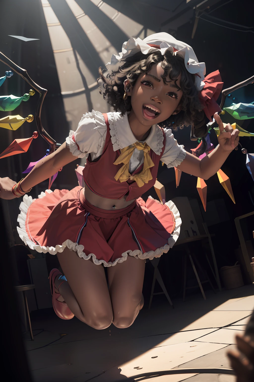 (photorealistic,masterpiece, best quality, ray tracing, volumetric lighting, ssao shadows, detailed, intricate, colorful), ebony skin, afro hair, ebony skin, black skin, circus trauser,
face laughing, full body,
flandre scarlet,1girl, afro hair,mob cap,hair bow,bowtie,wings,short sleeves,vest,
