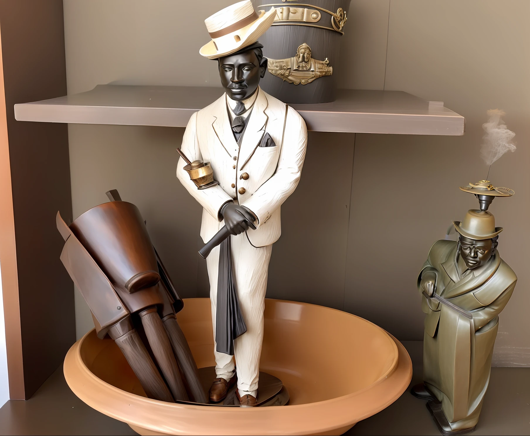 There is a statue of a man in a hat and tie in a bowl, com um cinzeiro no topo, ceramic statue, Antique piece, homem negro, cinzeiro, Alquimista Steampunk Africano, charuto, inspired by Ceferí Olivé, Figura de argila 3D, estatueta, a suited man in a hat, enquanto fuma um charuto, com charuto, charuto para fumar