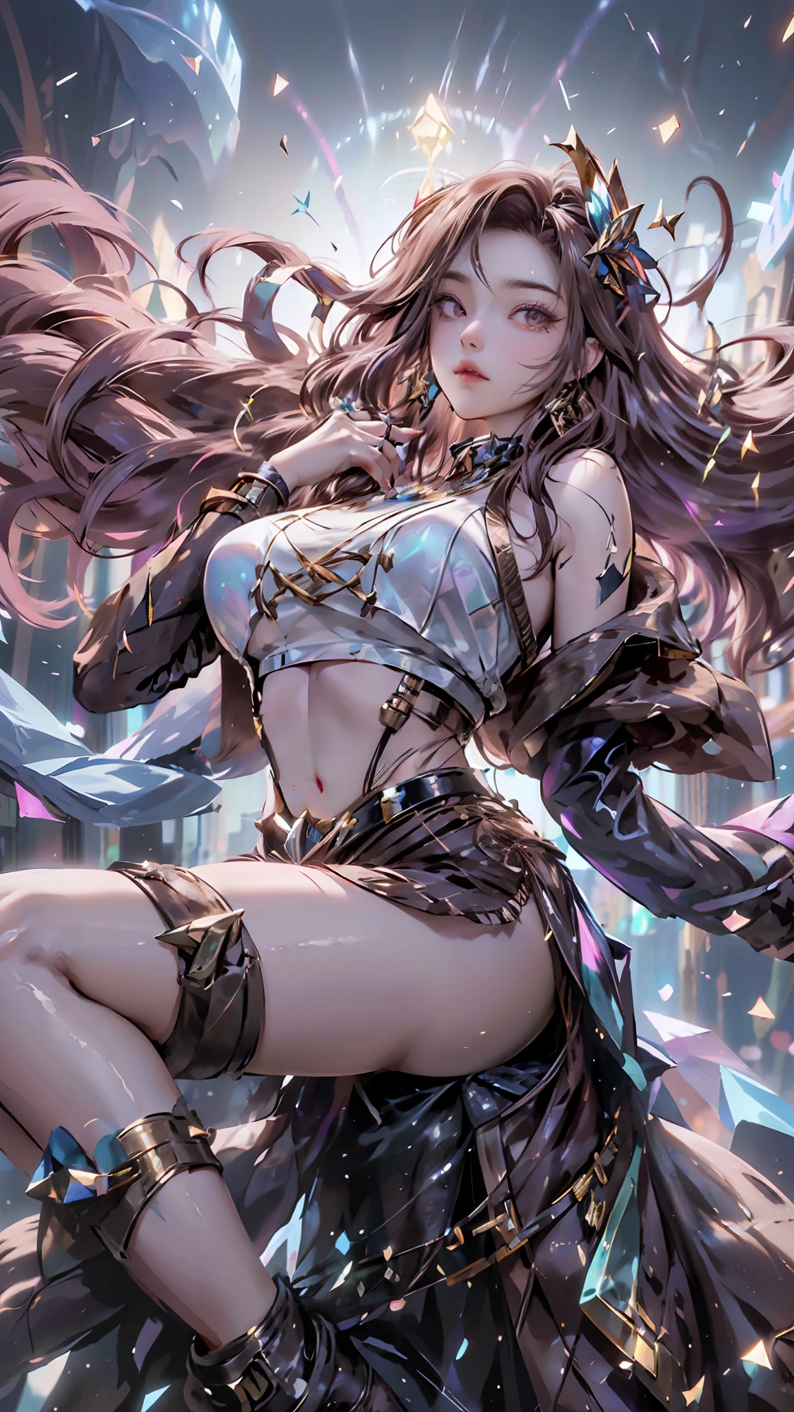 Irelia from League of Legends, KDA Irelia ((Realistic light, Best quality, 8K, Masterpiece :1.3)), self-shot, 1girll, Pretty Women with Perfect Figure :1.4, Abs :1.1, (Brown hair, Huge breasts :1.5), Arabic costumes :1.2, Bed, Ultra-detailed face, Detailed eyes, 二重まぶた, Perfect hands, perfect fingers, perfect breasts, perfect hair, perfect face, perfect body