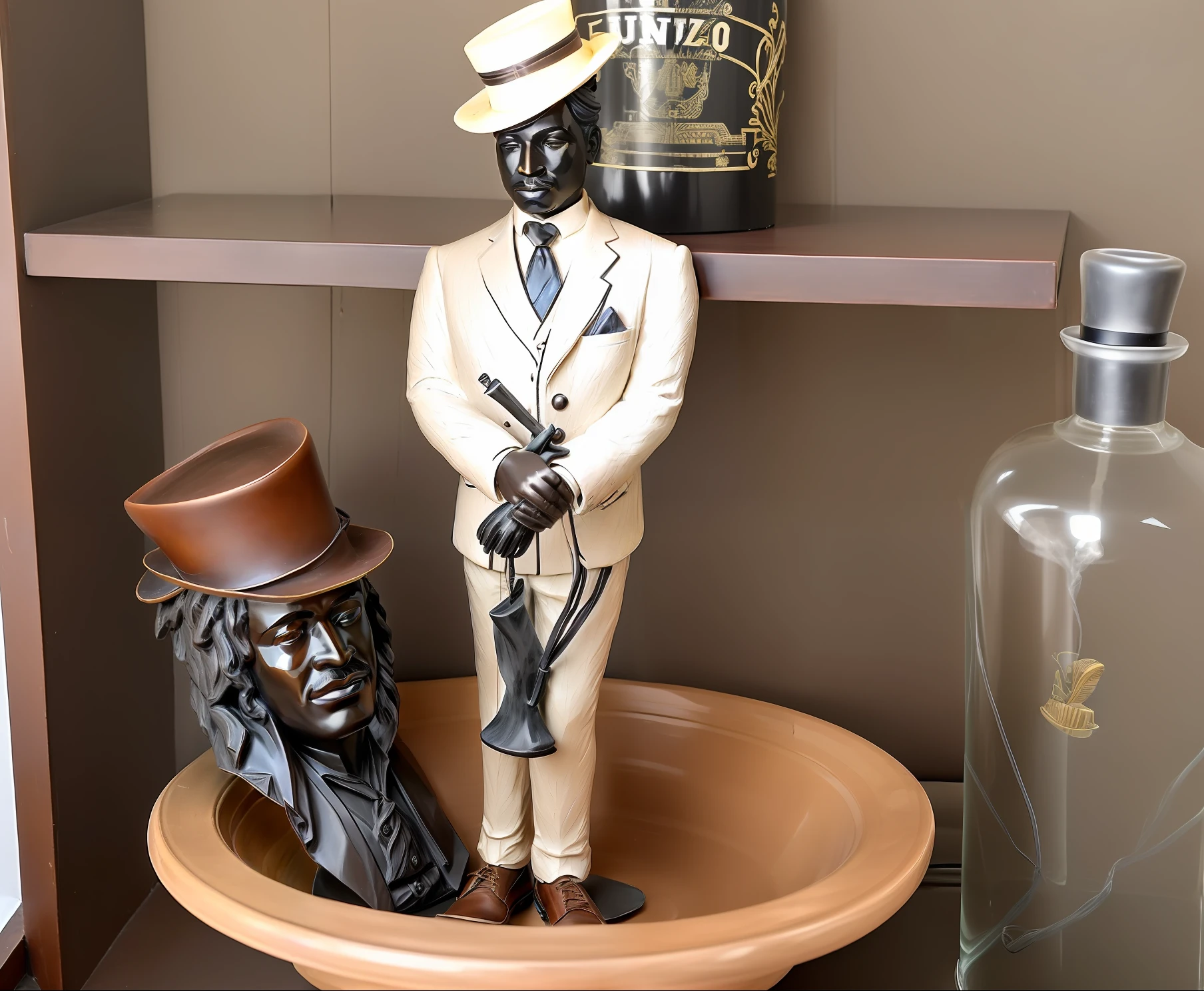 There is a statue of a man in a hat and tie in a bowl, com um cinzeiro no topo, ceramic statue, Antique piece, homem negro, cinzeiro, Alquimista Steampunk Africano, charuto, inspired by Ceferí Olivé, Figura de argila 3D, estatueta, a suited man in a hat, enquanto fuma um charuto, com charuto, charuto para fumar