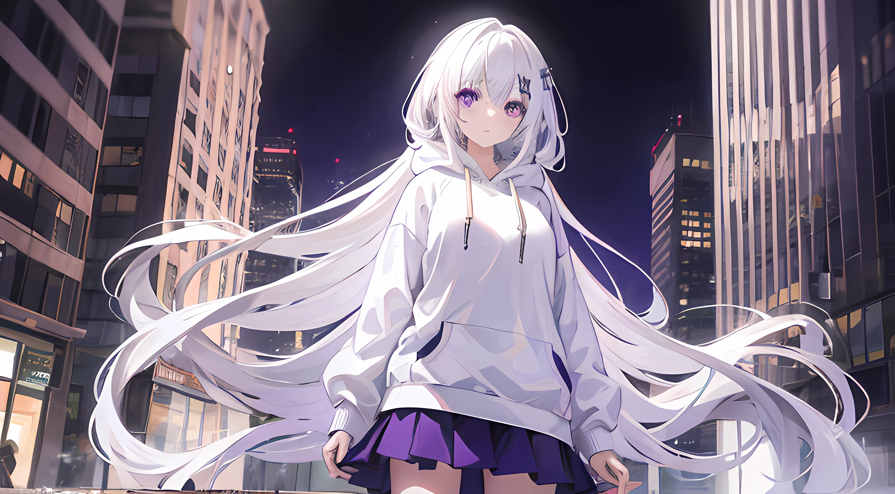 1girl, long white hair, purple eyes, wearing a hoodie, skirt, city, absurdres, high res, ultrasharp, 8K, masterpiece, looking at viewer