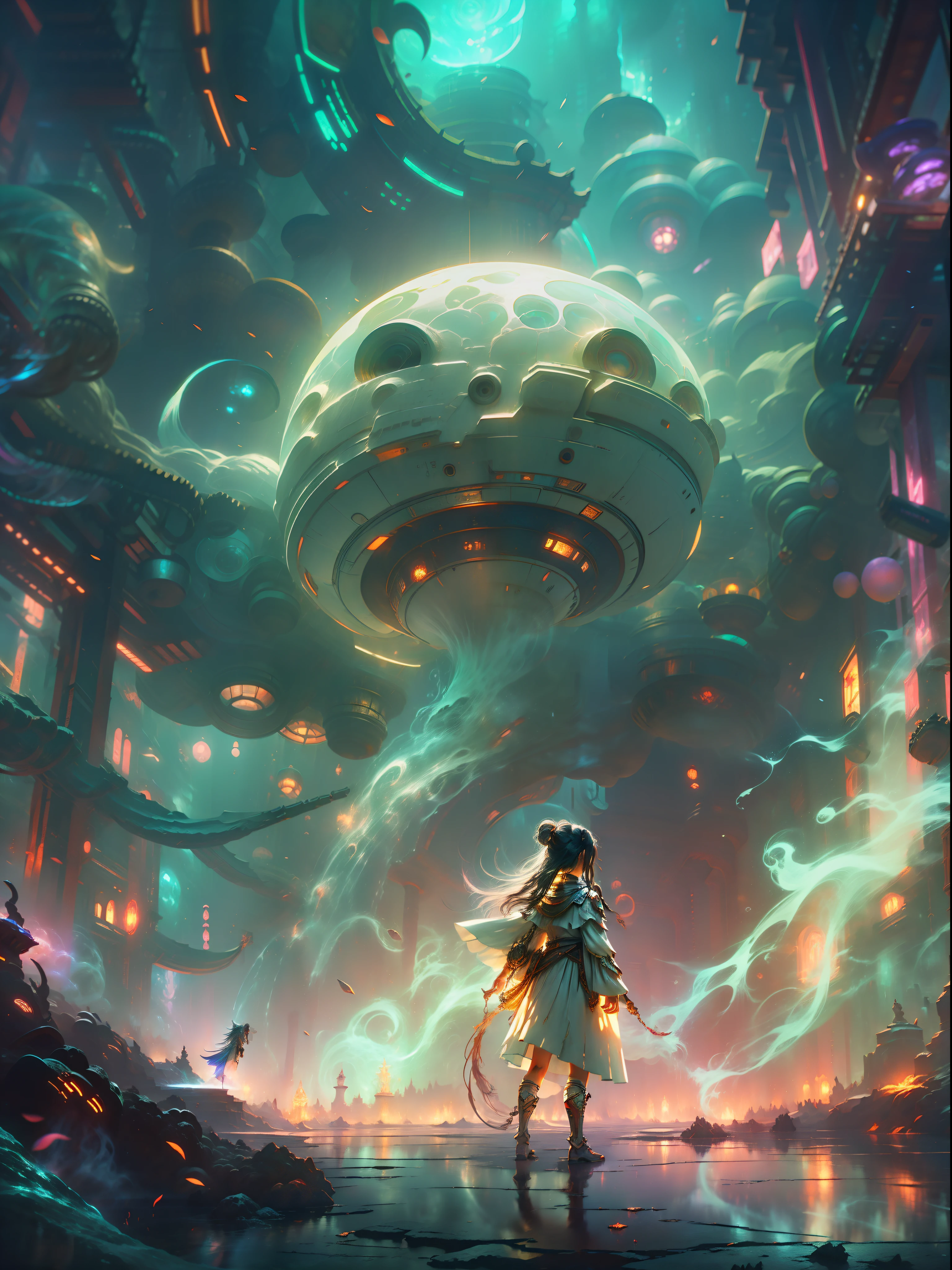 Picture quality:A masterpiece of high detail,8K,High-resolution body content:Leads to the abyss,Broad perspectives,fanciful,Full of mystery,Bask in the breath of chaos,Hopeful,Divine piety ,Look outward at the background:Dazzling colors,The looked at the atmosphere in the distance:Mysterious and unknowable sense of light,Intense violet light,Magic beam,The fantasy of the future world is intertwined with reality,Color:Infused with ethereal hues and luminous turquoise hues,High purity color, composition:Vista composition,tilted angle,ultra-wide-angle,Style reference:Virtual Engine,The magical texture of the ghost spark,Chaotic real world