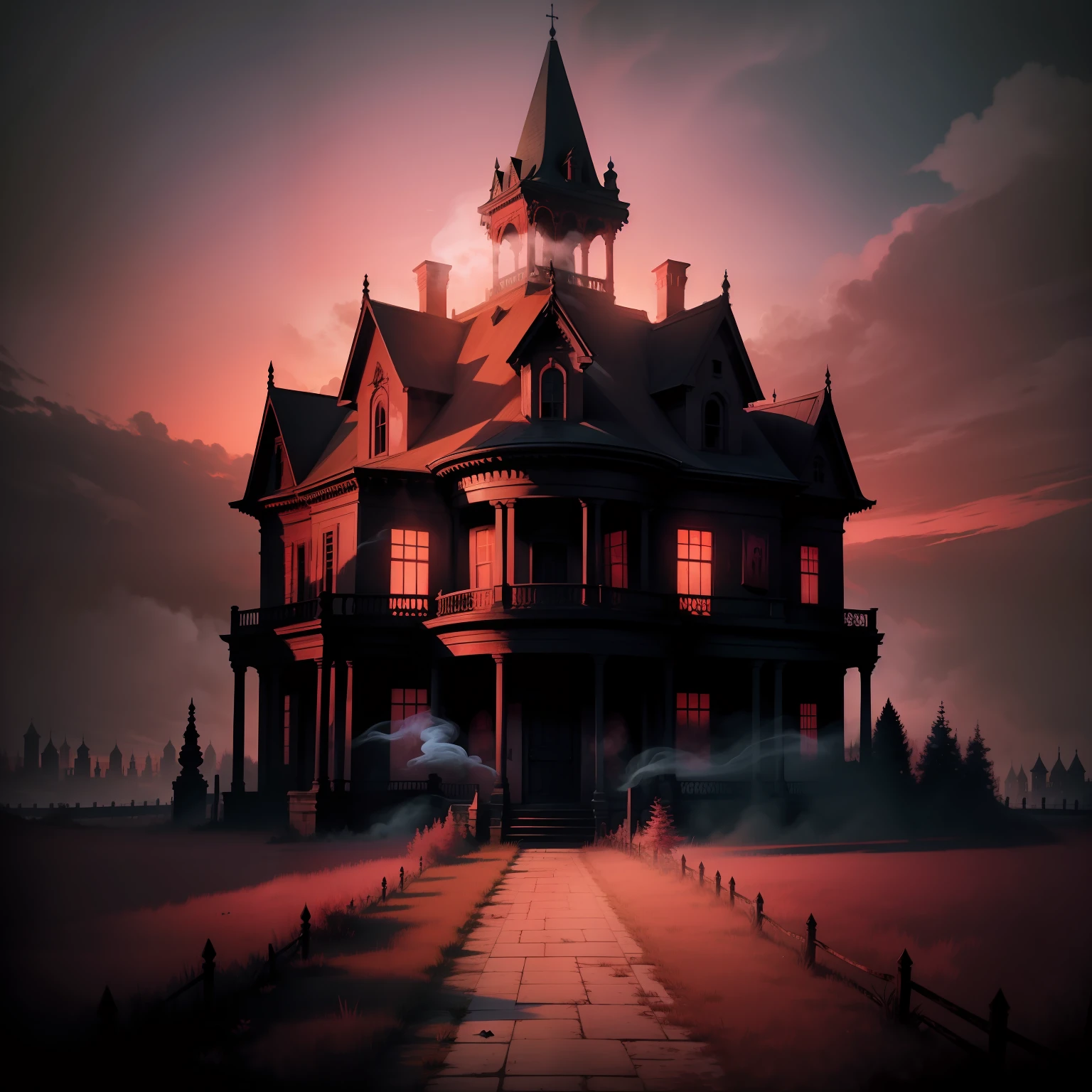 Haunted mansion in landscape with red sky with pink coffins and ghostly smoke with mold on the wall
