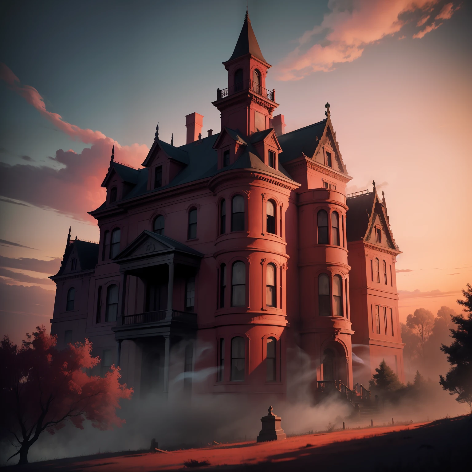 Haunted mansion in landscape with red sky with pink coffins and ghostly smoke with mold on the wall
