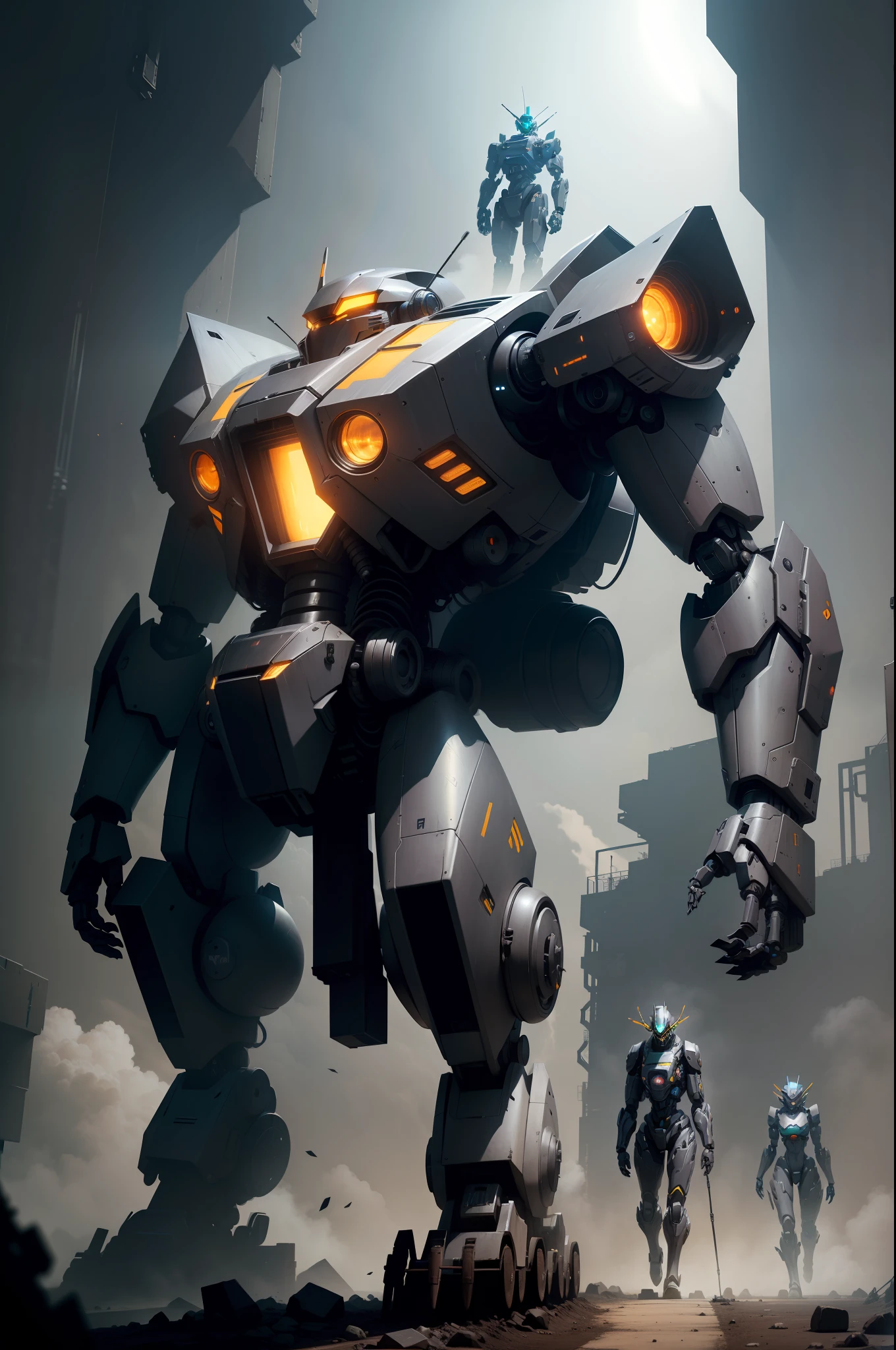 Robots standing in a dark coal mine,Wear a hard hat,Carry a harness on your back,Light shoots out of it, Cool robot character design, mech robot futuristic, symetry! futuristic robotic, robot concept art, futuristic robotic, HQ 4K wallpaper, portrait of a futuristic robot, mech body, anime large mecha robot, Mecha suit, Mech suit, Full body mecha, cyberpunk cyborg