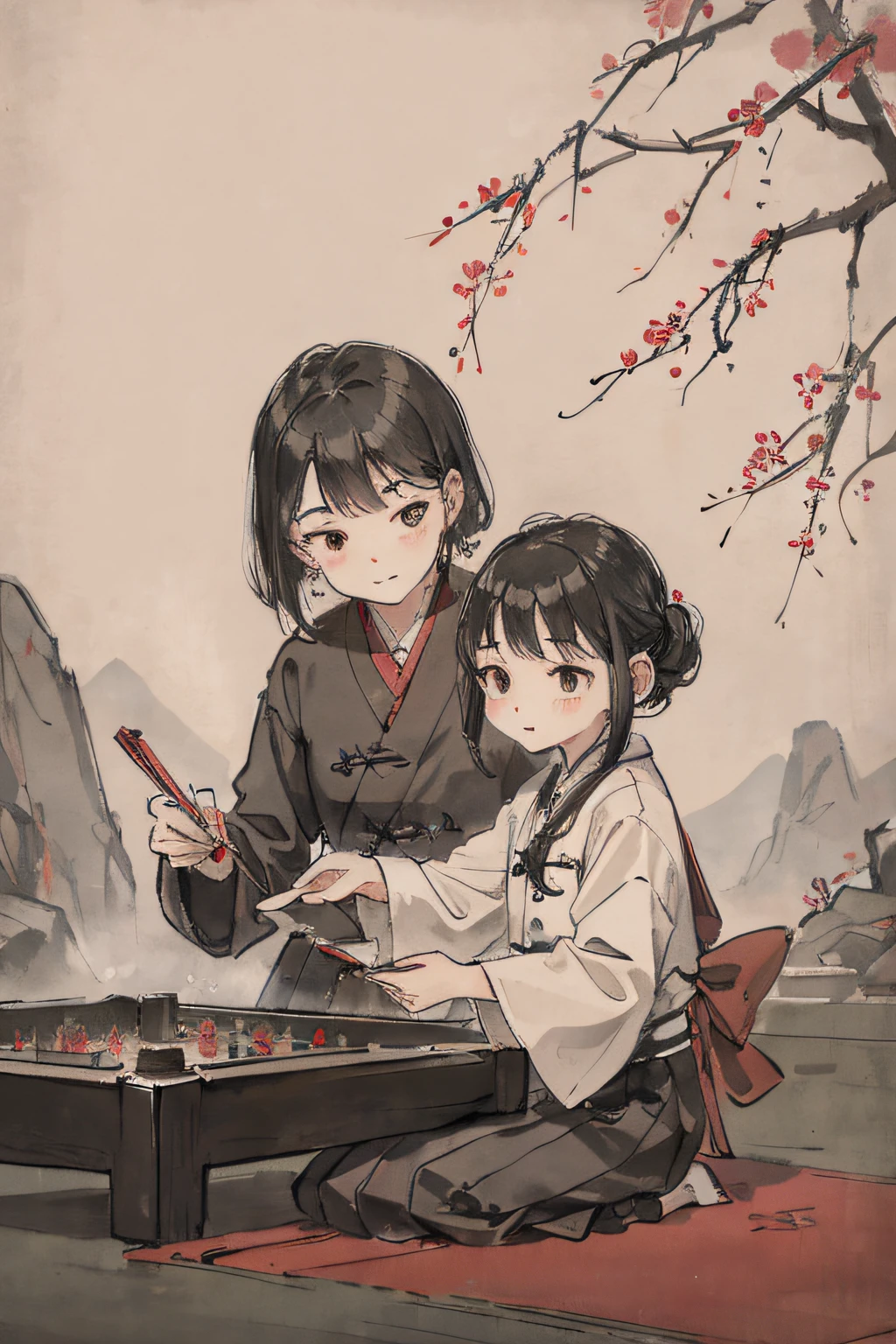 （tmasterpiece，best qualtiy：1.2），Tradition Chinese Ink Painting，Two small children，Play backgammon