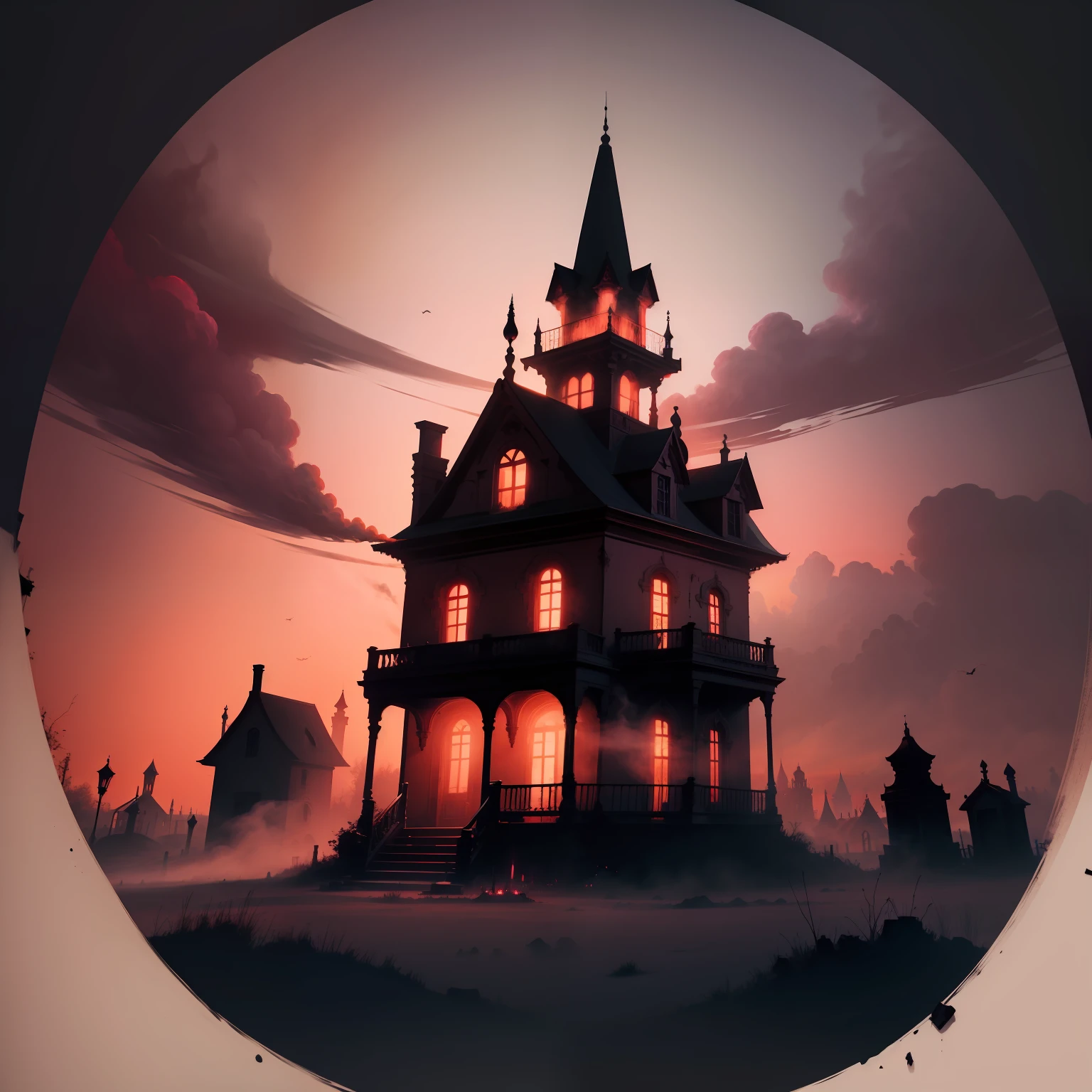 Haunted mansion in landscape with red sky with pink coffins and ghostly smoke with mold on the wall