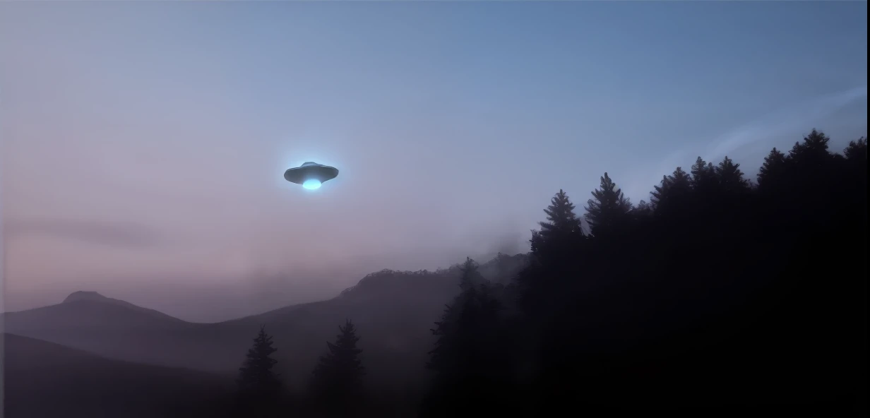 There is a large alien flying over a forest with a sky background, OVNI en un bosque, Alien spaceship in the sky, platillo volador en el cielo, Alien mothership in the sky, OVNI en el cielo, UFO Abduction, La nave espacial vuela en la distancia, ovni, Aterrizaje OVNI, platillo volante, ovnilogía, Nave espacial en la distancia, Ataque OVNI, Ovnis