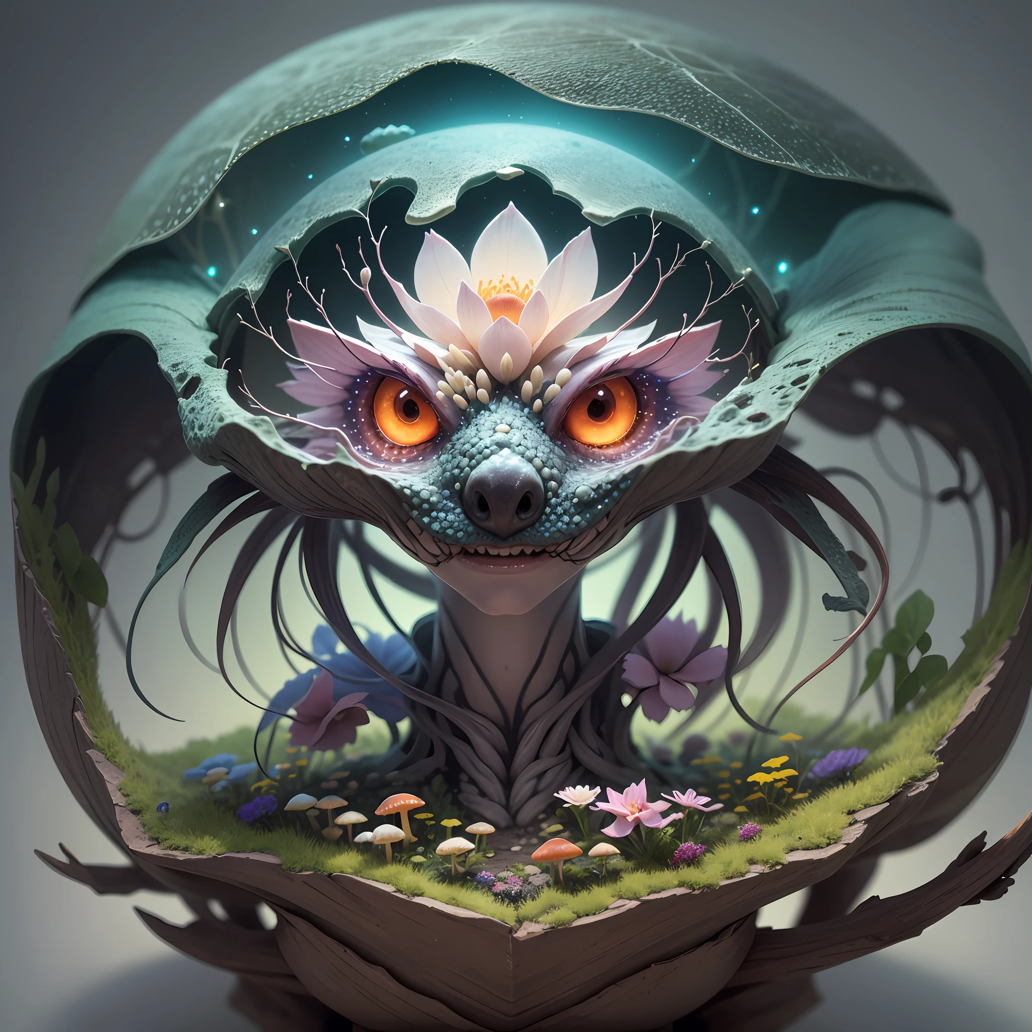 Generate images of creatures with humanoid body structures, But mainly composed of fungal elements. Its head resembles a big head, Dome-shaped crystal spring flower mushroom cap, fanciful, Colorful, Decorated with a luminous speckled pattern. Its arms are long, Flexible tendrils sprout from the shoulders, Able to be as vertical as a human hand. And not legs, It has a single, Thick, The stem is rooted in the ground. Its face is a small cluster, Bioluminescent spheres embedded in the bottom of the lid, Arranged in a way reminiscent of human facial features. photo-realism, ultra - detailed, 4K, A high resolution