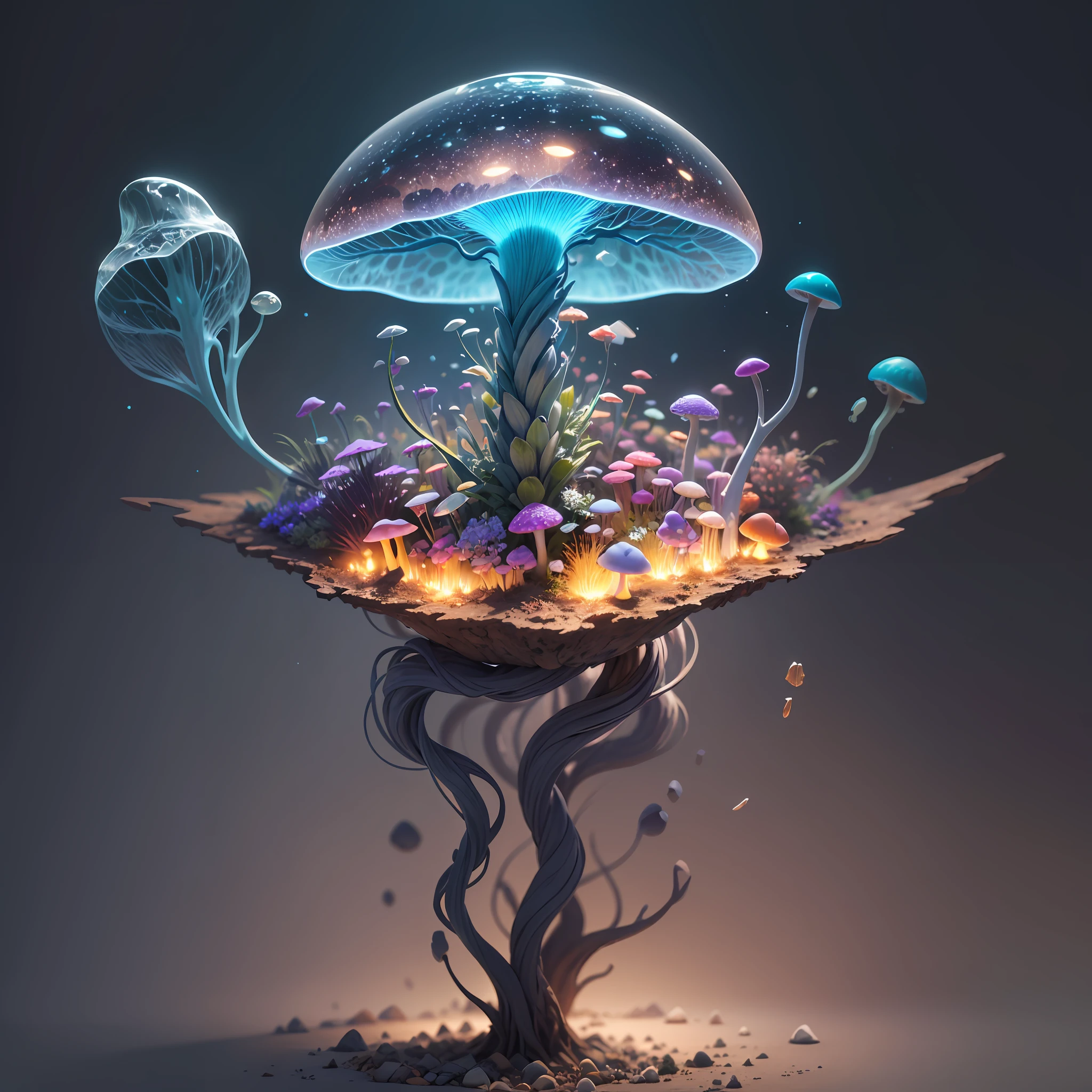 Generate images of creatures with humanoid body structures, But mainly composed of fungal elements. Its head resembles a big head, Dome-shaped crystal spring flower mushroom cap, fanciful, Colorful, Decorated with a luminous speckled pattern. Its arms are long, Flexible tendrils sprout from the shoulders, Able to be as vertical as a human hand. And not legs, It has a single, Thick, The stem is rooted in the ground. Its face is a small cluster, Bioluminescent spheres embedded in the bottom of the lid, Arranged in a way reminiscent of human facial features. photo-realism, ultra - detailed, 4K, A high resolution