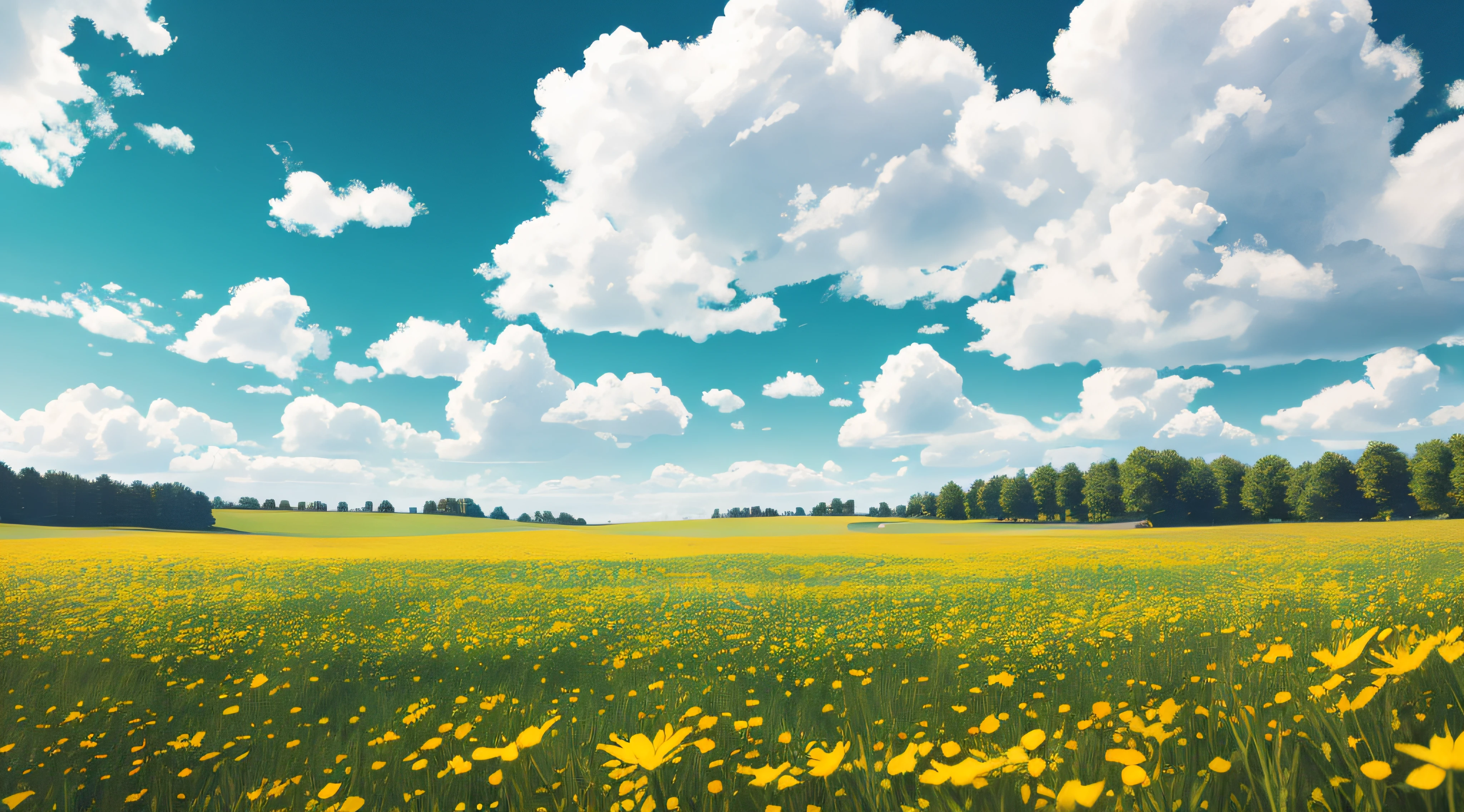 Summer, meadows, a few small flowers, clear lakes, heaven, large clouds, blue sky, hot weather, HD detail, hyper-detail, cinematic, soft light, deep field focus bokeh