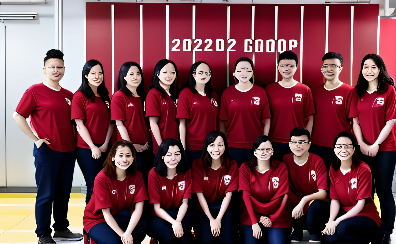 A group of people wearing red shirts pose for a group photo, introduction factory photo, Group photo, album photo, 2 0 2 2 photo, full team, factory, shining and happy atmosphere, full building, warm and joyful atmosphere, corporate photo, the photo shows a large, Good morning