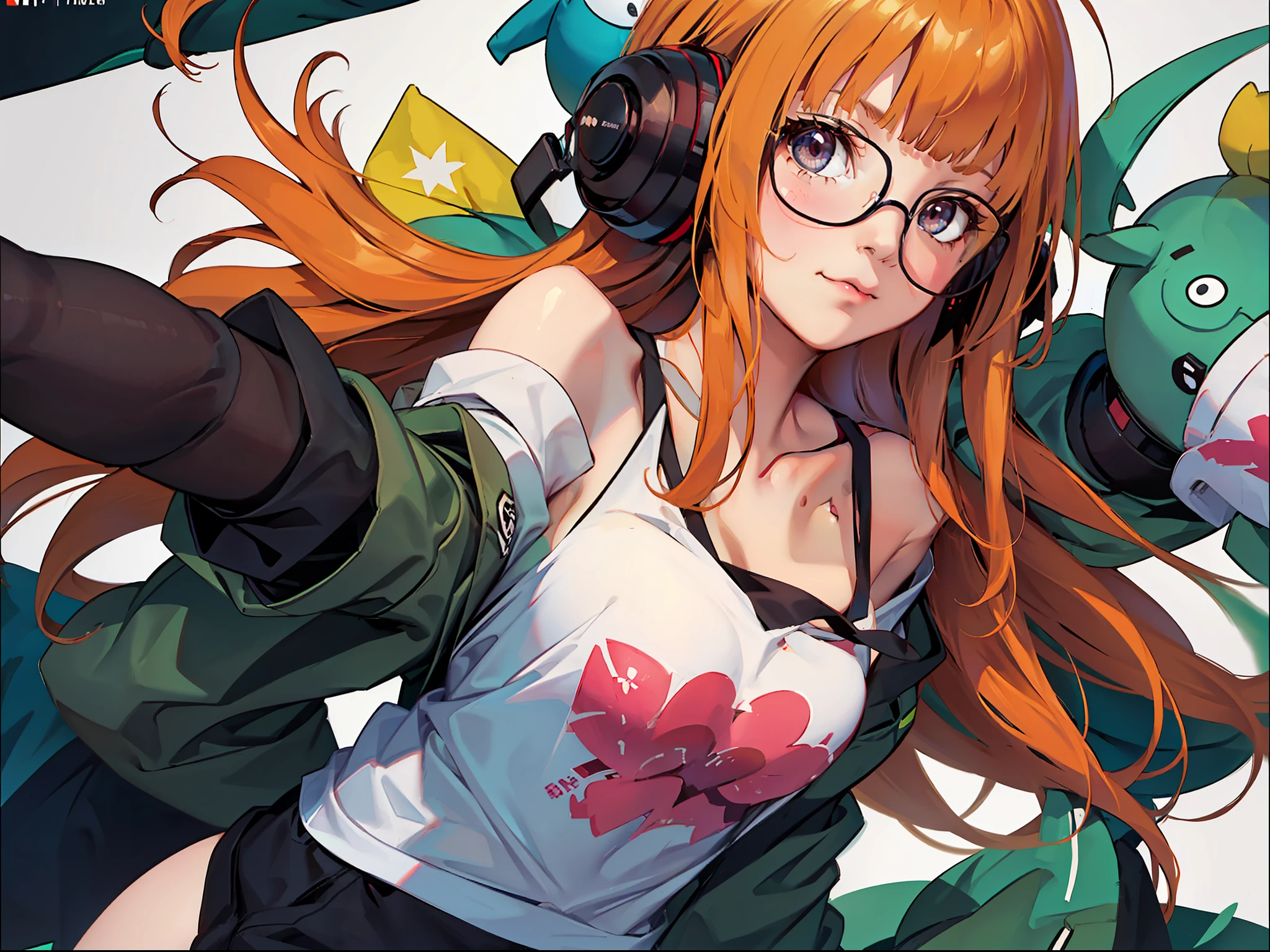 ((obra-prima)), (melhor qualidade), (detalhado), (1 ******), Futaba, Futaba Sakura, camisa oversized, camisa branca, fora do ombro, arms down, seios espremidos juntos, cotovelo squeeze