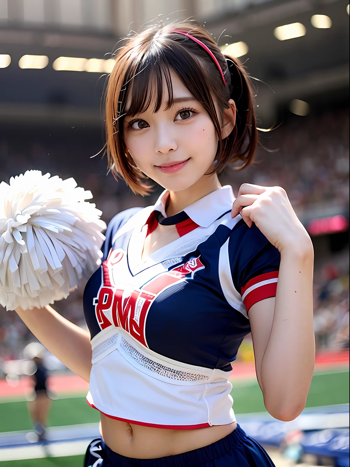 Two Ala-Fed Asian cheerleaders posing dynamically with pom-poms in stadium、Write、a closeup、cosplay foto、Anime Cosplay、Short-cut hair、cute little、RAW Photography, top-quality, hight resolution, (masterpiece), (Photorealsitic:1.4), professional photograpy, foco nítido, HDR, 8K分辨率, intricate detailes, depth of fields, the Extremely Detailed CG Unity 8K Wallpapers, femele, girl with, beautiful supermodel, a smile、A slender、Small Cheer Uniform、amarelo、huge tit:1.2