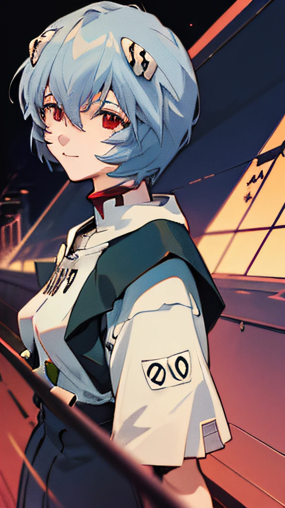 1 girl, Ayanami, Evangelion, 8k, best quality, Uniforme escolar, sala de aula, sorriso suave, Sentado na cadeira, olhando pela janela, Dusk Light, Mais detalhes