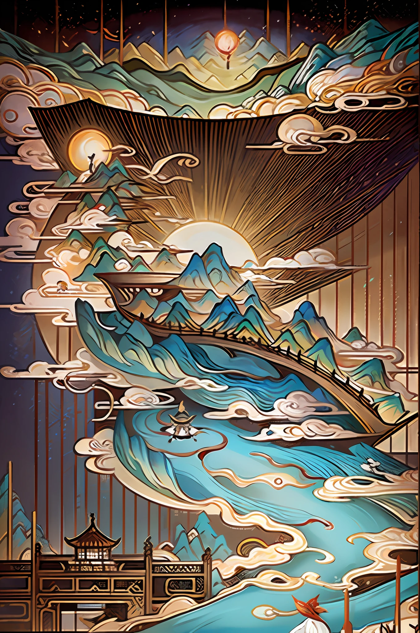 An ancient Chinese painting， ancient chinese background， mountain ranges， rios， Auspicious clouds， Pavilions， rays of sunshine， tmasterpiece， super detailing， Epic composition， There is a large painting of a city with many people，Chinese fantasy，dreamland of chinese，background artwork，Official artwork，Legend of Kola background，offcial art，traditional japanese concept art，Ancient Chinese art style，Colorful Fox City，Propaganda art，Inspired by Victo Ngai，Kingdom of Light background，Journey to the West Ultra HD， high qulity， extremely detaile， offcial art， 统一 8k 壁纸， super detailing， 32k -- v 6