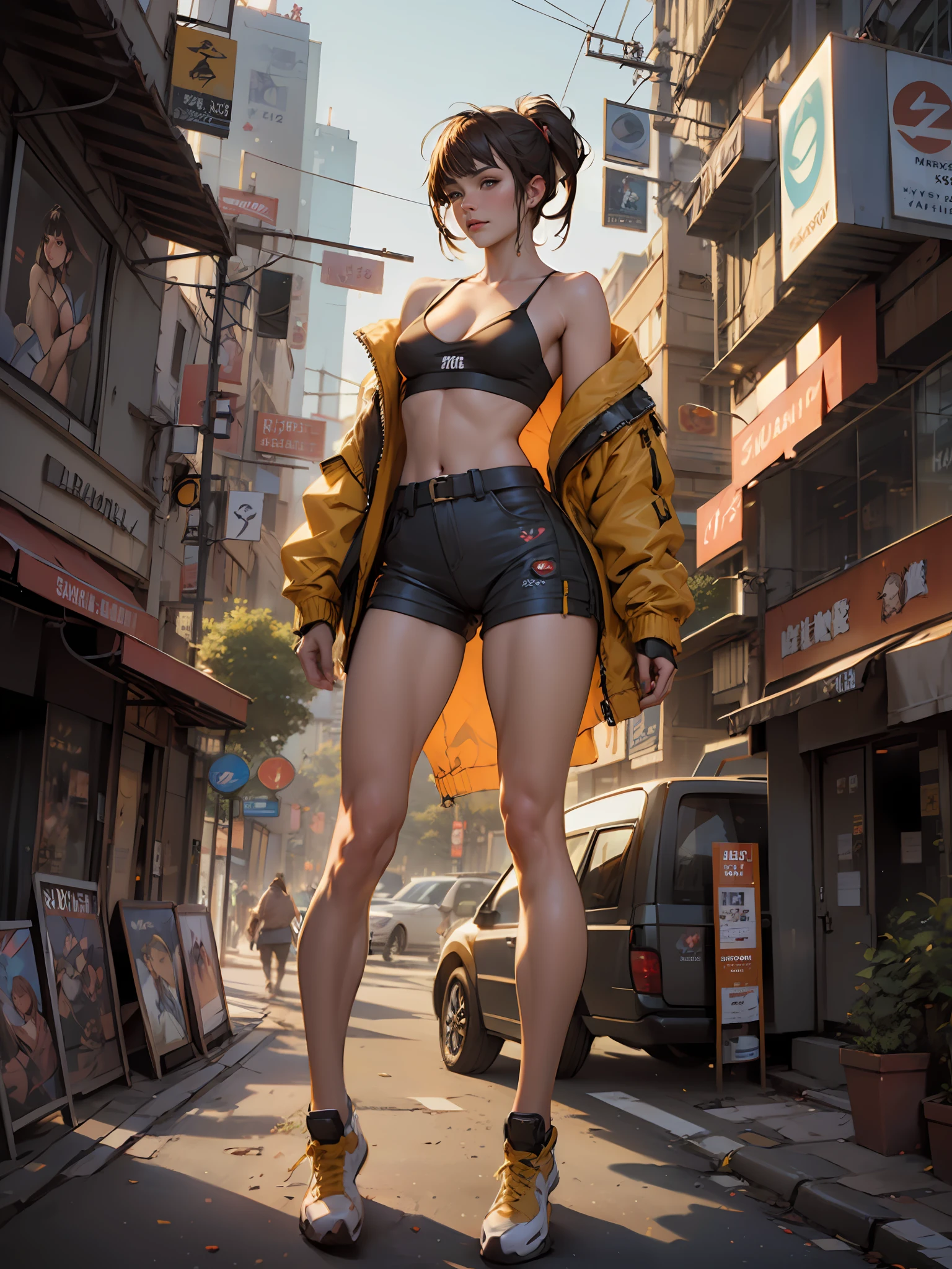 Full body, masterpiece, photo realistic, arafed beautyful lady in yellow jacket standing on street corner, pony tail, crop top, cleavage, high-waist mini shorts cargo, cameltoe, cyberpunk city, standing tall, busty, in a city street, Shifted Bangs Japanese Haircut, wearing urban techwear, realistic depiction, standing in a city center, an ultra realistic, promo image, techwear look and clothes, in city street, hyper-realistic, hyper - realistic, wojtek fus, hyper realistic style, small waist, topless, lingerie, pelvic