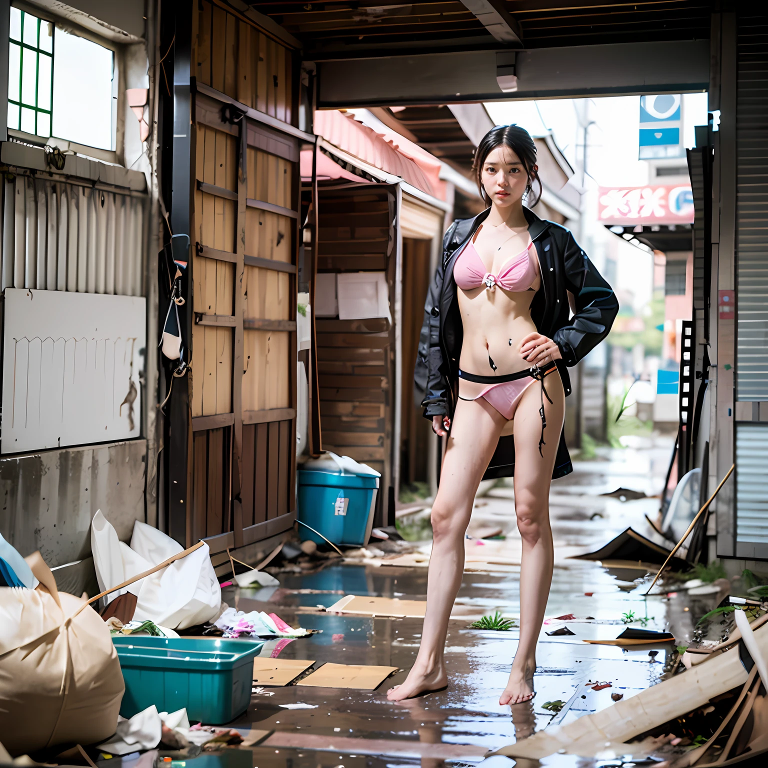 Abandoned sewers，Pink transparent bikini，No coat，Very few clothes，Extreme exhibitionism，Sexy standing pose，Garbage all over the ground，grimy，Dilapidated，Devastated，best qualtiy，full-body portraits（1：1），18 years old girls，lean and slender body，Skinny，Smaller bust，Slender legs，The barefoot，junk，Leakage of the entire breast，Naked all over the body，face to the viewer，Nude 1.1