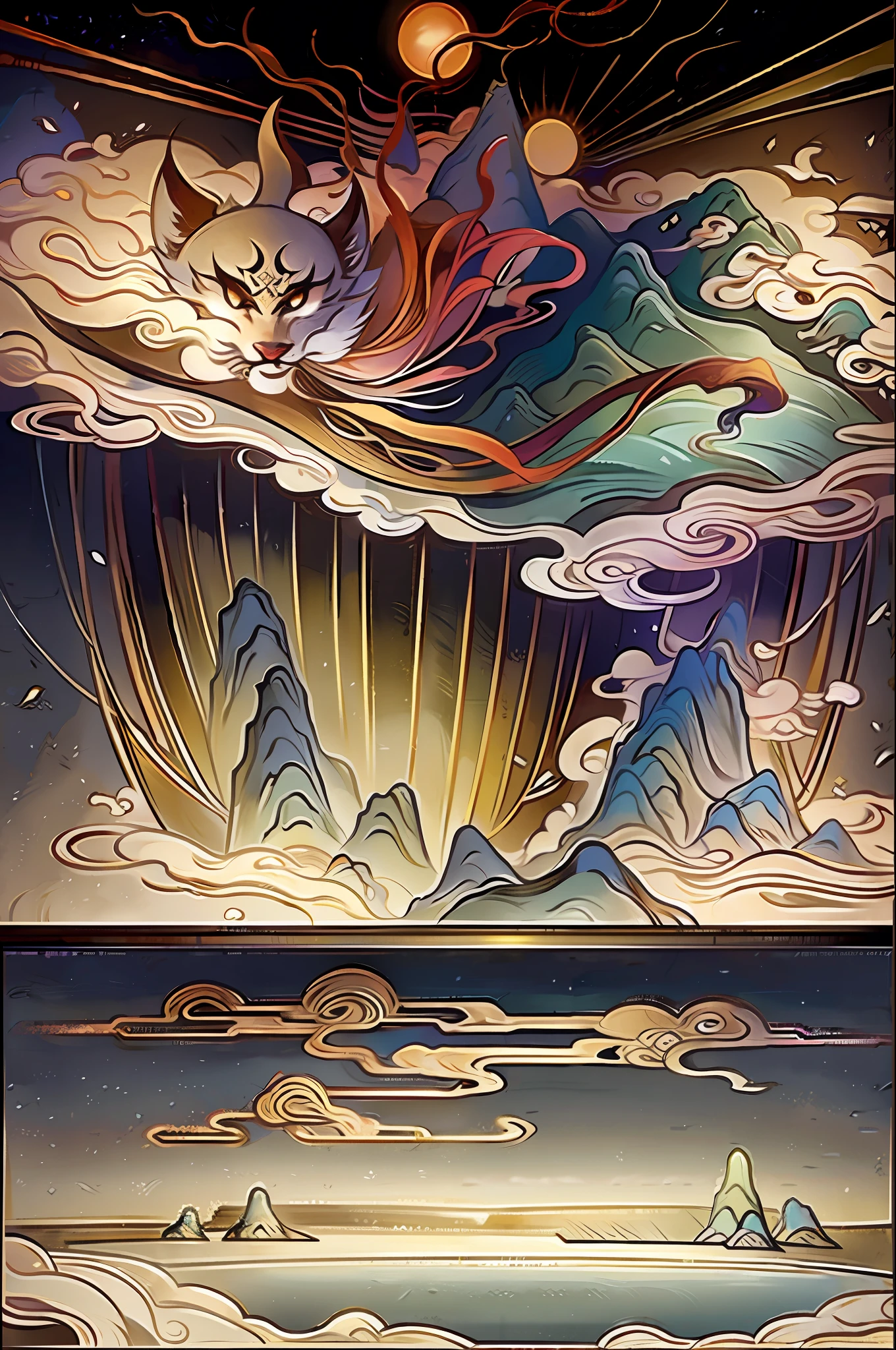 An ancient Chinese painting, ancient chinese background, mountain ranges, rios, Auspicious clouds, Pavilions, rays of sunshine, tmasterpiece, super detailing, Epic composition, There is a large painting of a city with many people,Chinese fantasy,dreamland of chinese,background artwork,Official artwork,Legend of Kola background,offcial art,traditional japanese concept art,Ancient Chinese art style,Colorful Fox City,Propaganda art,Inspired by Victo Ngai,Kingdom of Light background,Journey to the West Ultra HD, high qulity, extremely detaile, offcial art, 统一 8k 壁纸, super detailing, 32k -- v 6