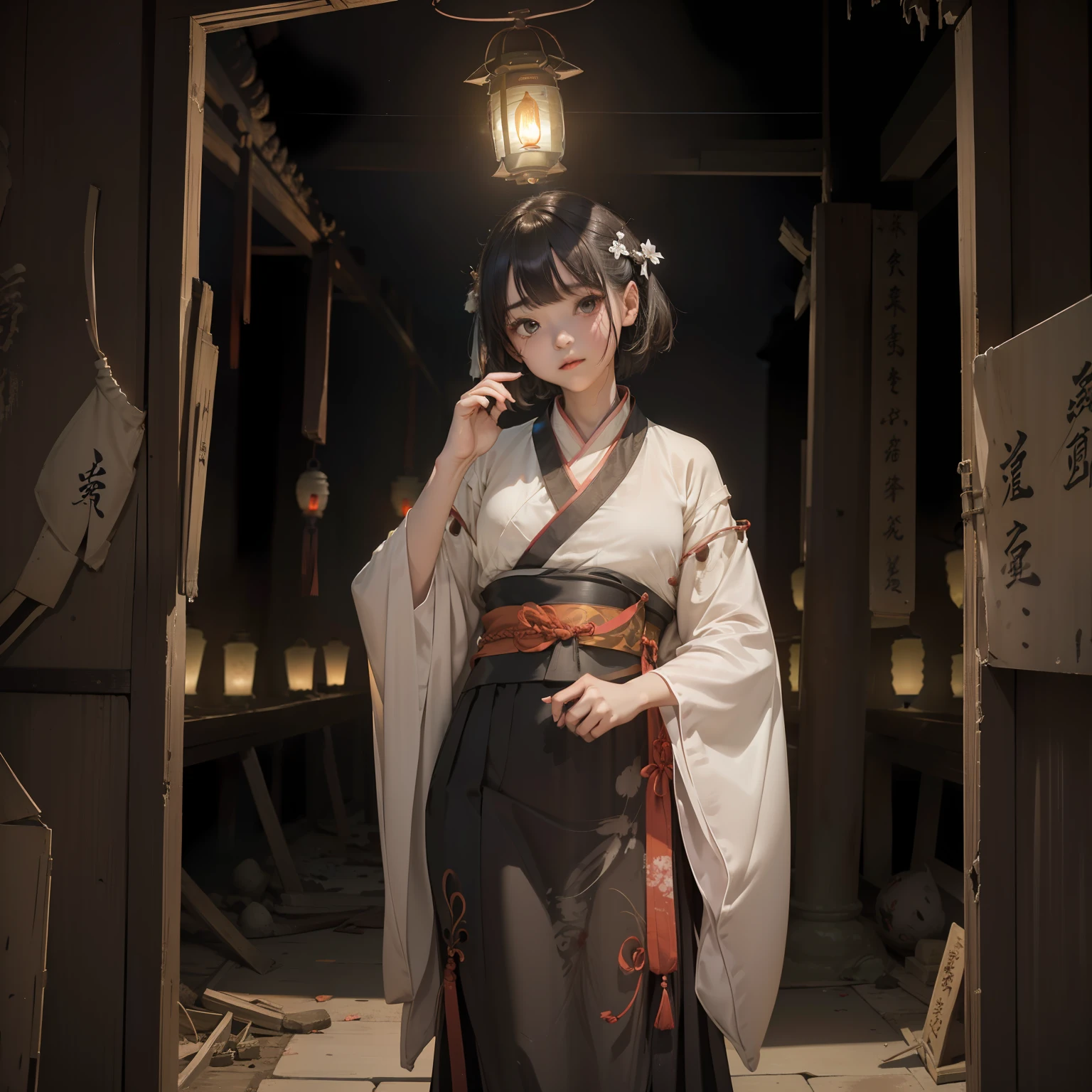 Very cute girl,G Cup Breasts,(Hanfu:1.6),(Hunfu skirt:1.3),(Bewitching:1.5),(The light of the mysterious lanterns shines:1.4),,a short bob,(A crumbling abandoned temple with peeling paint:1.5),(dark sky:1.8),(top-quality:1.4) ,Melancholy look,(Prone to downcast eyes:1.4),Look away,(Vague and ephemeral:1.4),(Otherworldly:1.1),Less ambient light、Strong reflection,Slender eyes,(Mysterious Beauty:1.4),(Lantern light illuminating a shadowy face:1.4),(underlighting:1.3),Sumi-e,