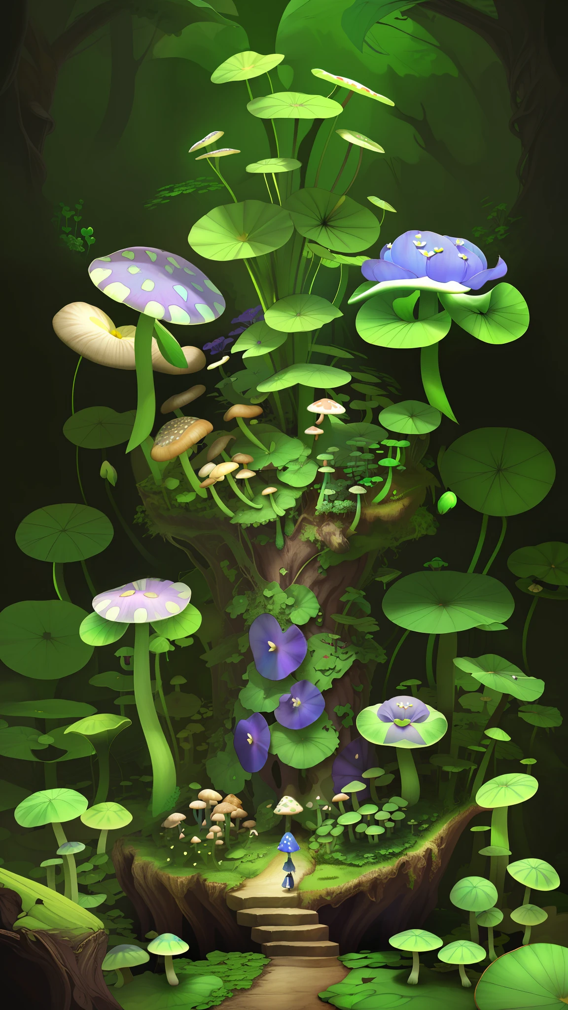 "Mushroom forest,morning glory,butterflys,s fractal art,lotuses,four-leaf clover,morning glory,Cyber Mushroom Forest,Ultra-detailed digital fantasy art。Mushrooms are everywhere in the picture,The unique mushroom shape creates a magical casa scene。"