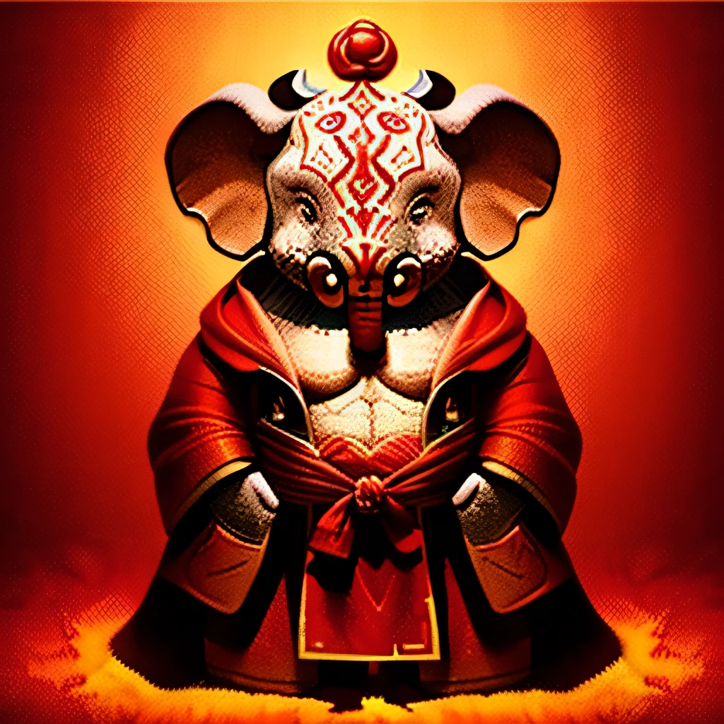 Humanoid, cute elephant, Best quality ,Masterpiece, illustration, view the viewer, facing front, Fluffy red robe for festive auspiciousness, Sharp focus, Realistic lighting