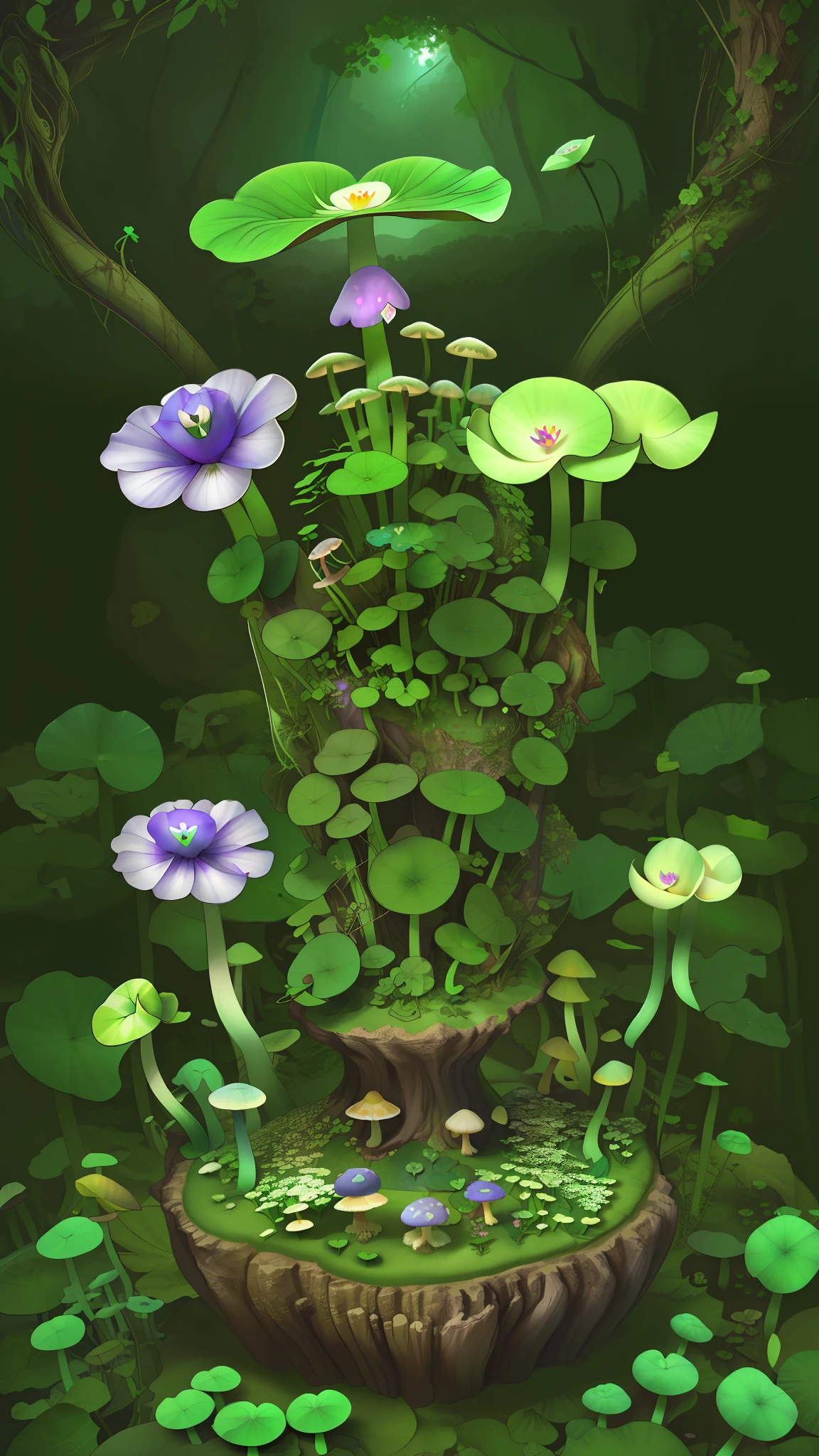 "Mushroom forest，morning glory，butterflys，s fractal art，lotuses，four-leaf clover，morning glory，Cyber Mushroom Forest，Ultra-detailed digital fantasy art。Mushrooms are everywhere in the picture，The unique mushroom shape creates a magical casa scene。"