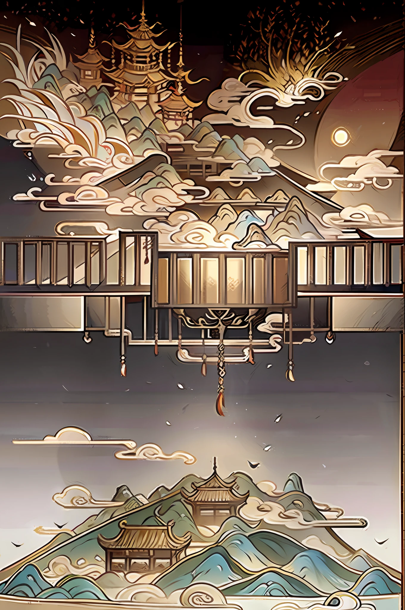 An ancient Chinese painting, ancient chinese background, mountain ranges, rios, Auspicious clouds, Pavilions, rays of sunshine, tmasterpiece, super detailing, Epic composition, There is a large painting of a city with many people,Chinese fantasy,dreamland of chinese,background artwork,Official artwork,Legend of Kola background,offcial art,traditional japanese concept art,Ancient Chinese art style,Colorful Fox City,Propaganda art,Inspired by Victo Ngai,Kingdom of Light background,Journey to the West Ultra HD, high qulity, extremely detaile, offcial art, 统一 8k 壁纸, super detailing, 32k -- v 6