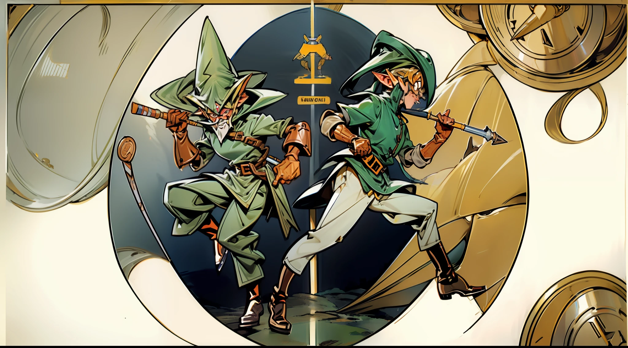 Duelo de sables lacer entre big smoke y link de the legend of zelda,de fondo hongos de mario como espectadores