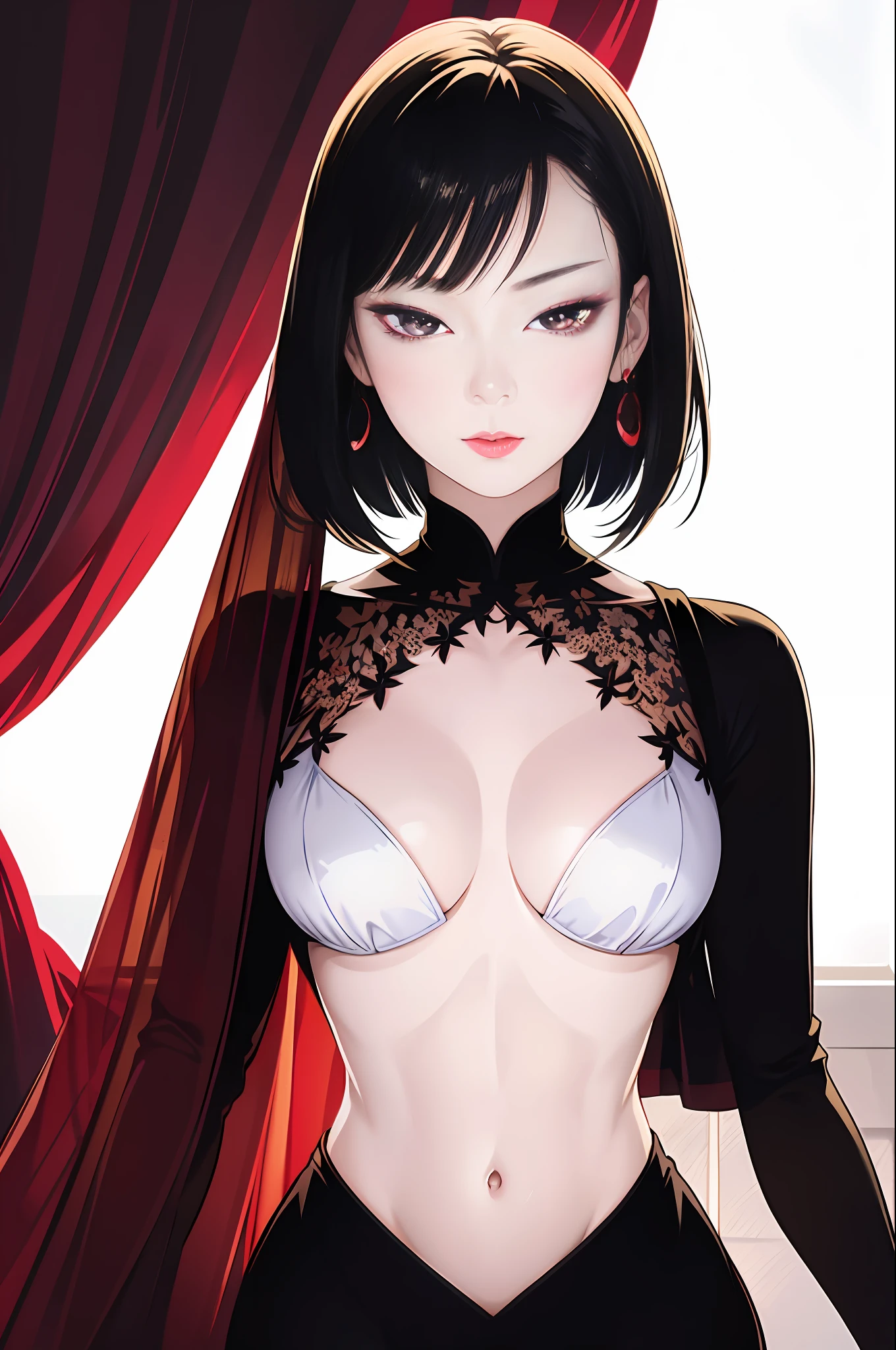 tsuruta ichiro, Narrow-eyed, 1girl in, Allback、See-through and luxurious embroidered dresses、Accurate skeleton、deadpan、(short cut hair)、perfect hand,Cross beautiful limbs、Hair is short、Mouth to seduce、 Raise the chin、Seductive Embroidery Dresses、luxurious clothes、Beautiful attractive woman with narrow eyes, Seductive Girl, Beautuful Women, seductive tifa lockhart portrait, digital anime illustration、((mideum breasts)), Thin slit eyes、Black eyes, Light shines on the eyes、Black hair, gloves, Dress, Luxurious Jewelry, earrings, sharp eye、hight resolution,