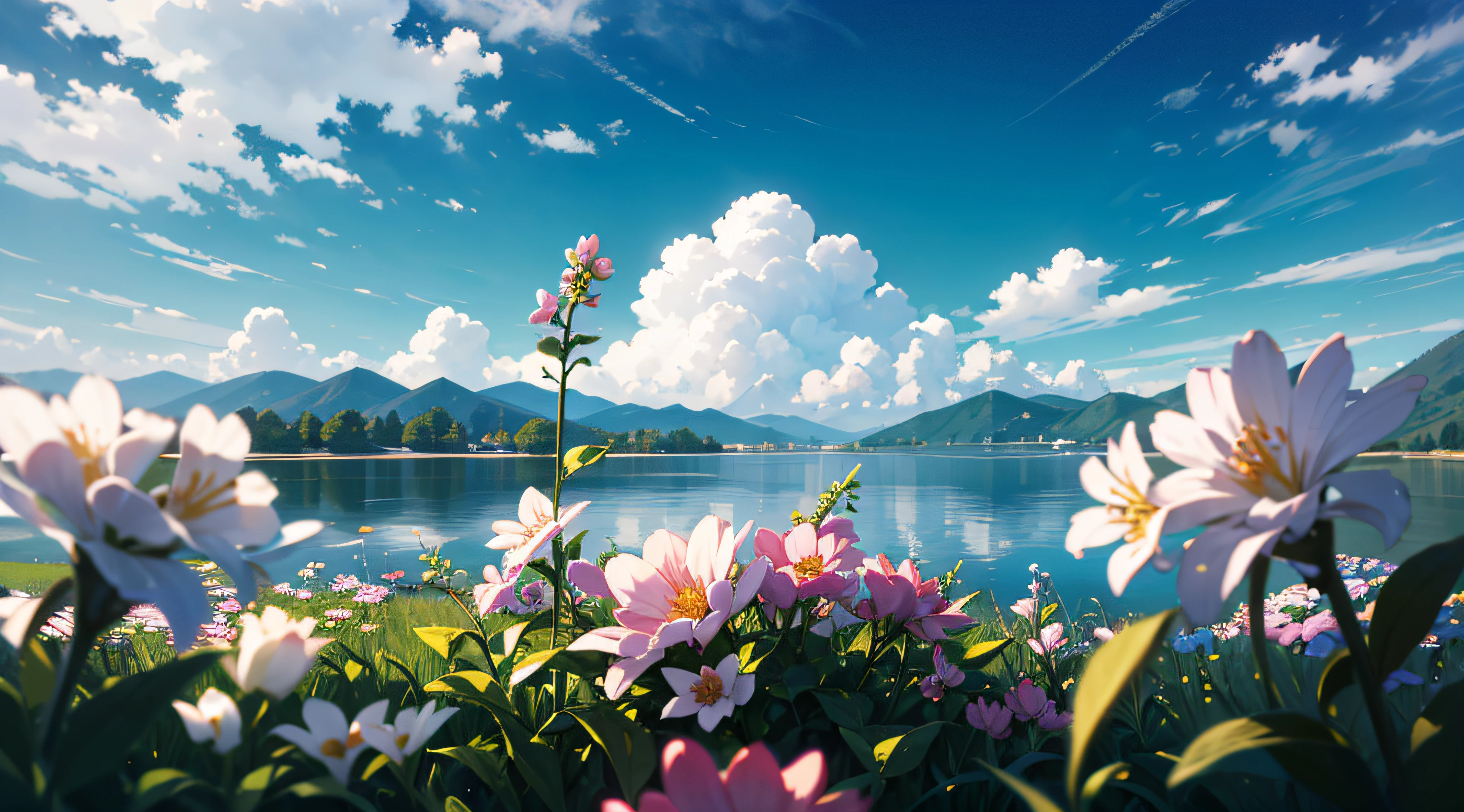 Summer, meadows, a few small flowers, clear lakes, heaven, large clouds, blue sky, hot weather, HD detail, hyper-detail, cinematic, soft light, deep field focus bokeh
