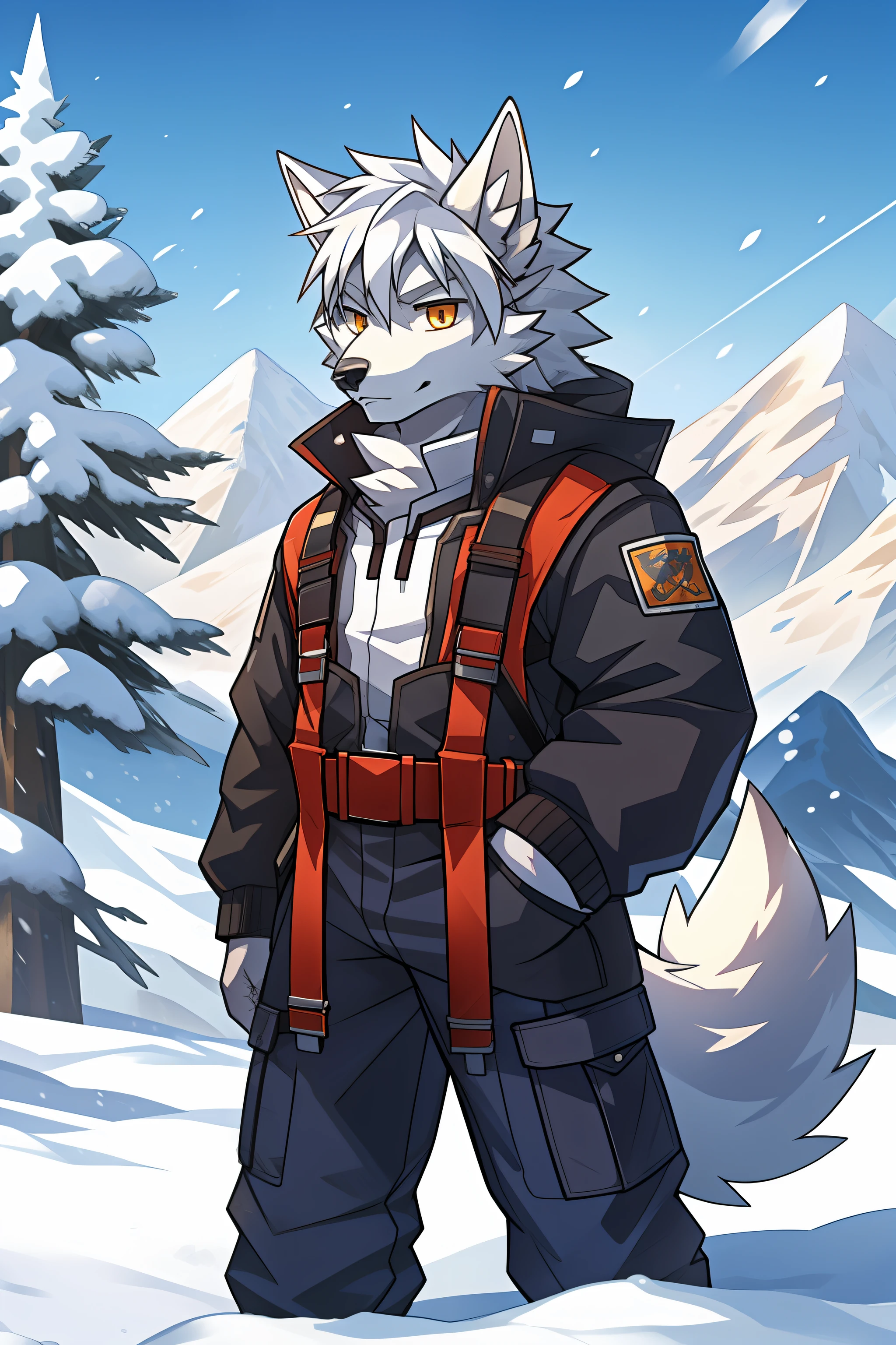 snow mountains,nevando,solo person,White body,White ears,White hair,Overall white,Orange-yellow eyes,Wolf tail,Wolf orcs,Young,Wear a down jacket,Ultra-clear screen,Soft lines