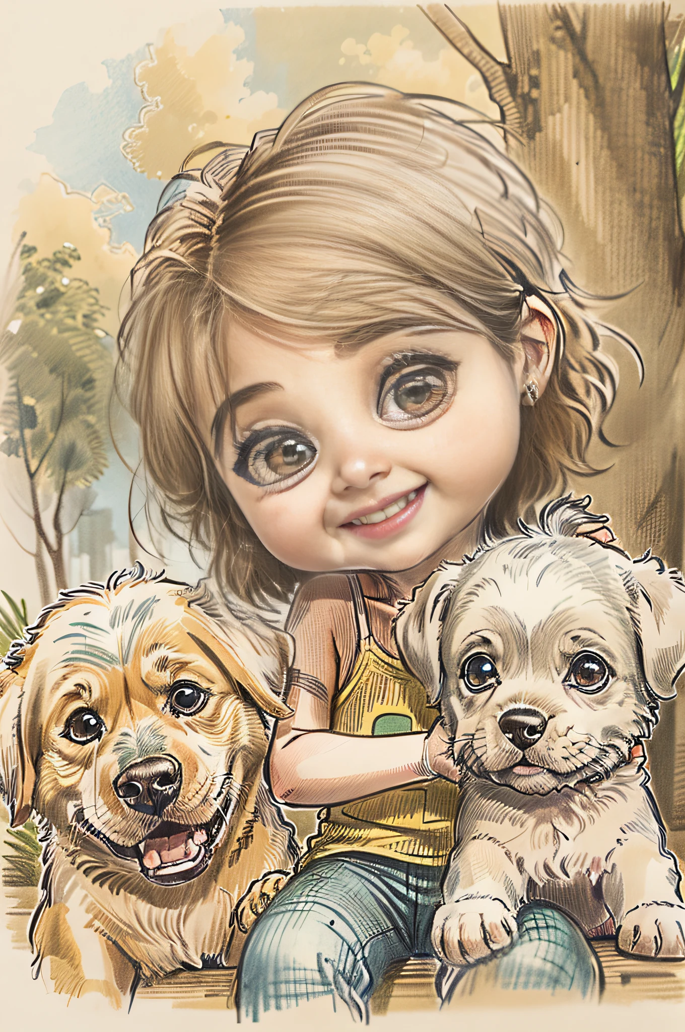 Cartoon Design, Pencil sketch style, Pencil coloring with many colors, Depiction of two children playing with a puppy, muy felices en un parque. El rostro, los ojos y los cuerpos de las figuras deben estar bien definidas en sus formas.