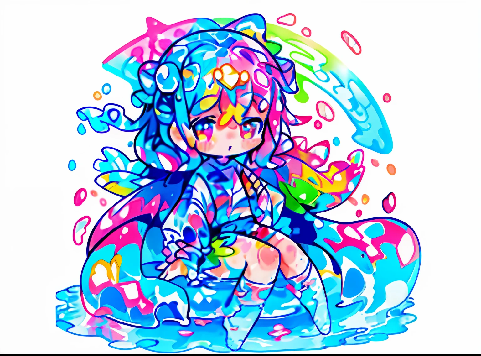 Chibi、water color、(colourfull:1.2)、Float colorful water、Float colorful wind、colorful simple background、Floating colorful hair、((ripped clothing、Wet clothes))
//
[(White background:1.4)::5]、(imid shot:0.95)、dynamic ungle、
(Official Art:1.2)、(Ice Breaking:1.2)、Colorful water floating、Colorful wind、
//
1girl in、(full bodyesbian:1.3)、bare-legged、独奏、Sitting on an ice throne、long colorful hair、red eyes、(doress:1.1)、Open your hands、